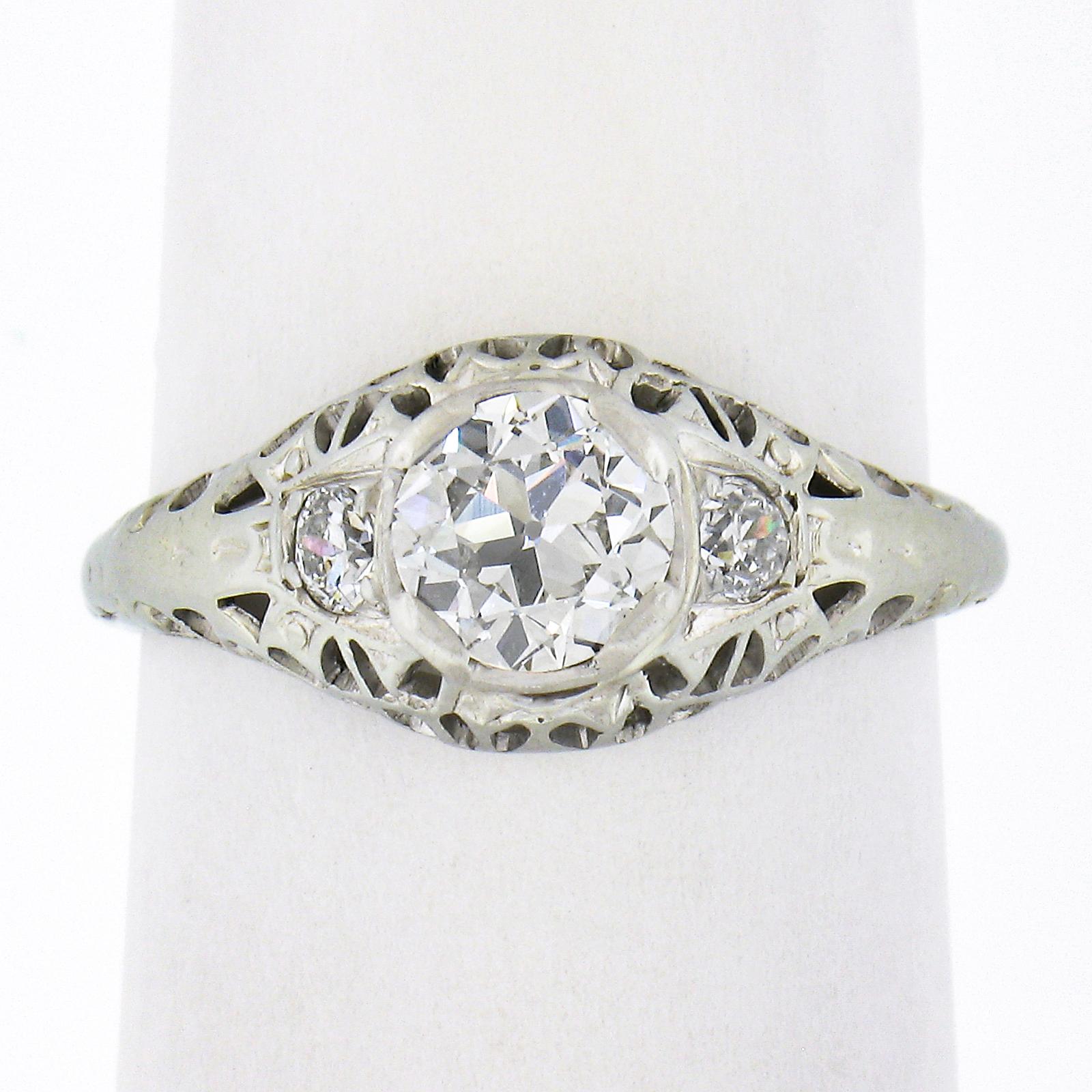 Old European Cut Antique Art Deco 18K Gold 0.69ctw GIA European Diamond Filigree Engagement Ring For Sale