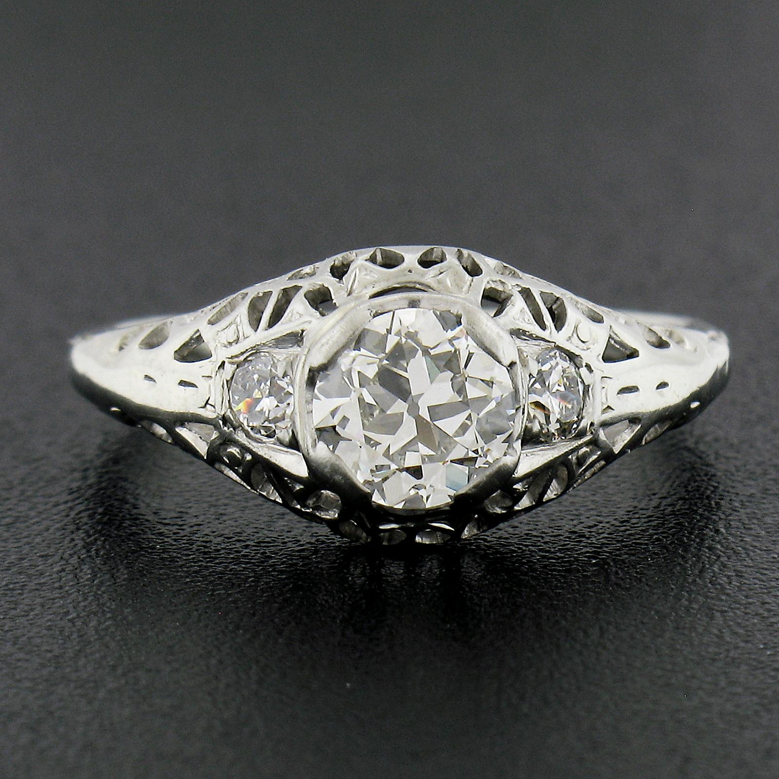 Antique Art Deco 18K Gold 0.69ctw GIA European Diamond Filigree Engagement Ring In Excellent Condition For Sale In Montclair, NJ