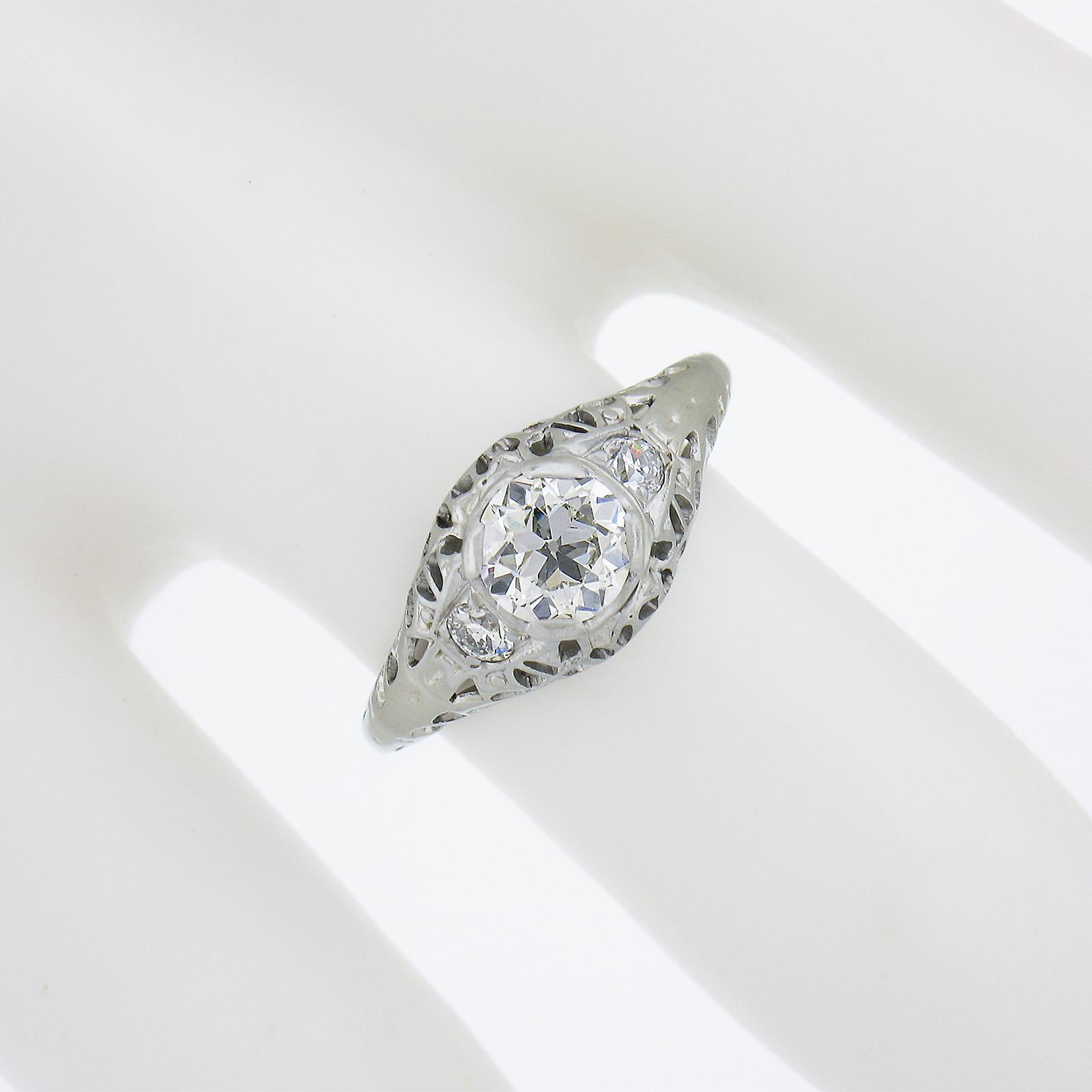 Women's Antique Art Deco 18K Gold 0.69ctw GIA European Diamond Filigree Engagement Ring For Sale