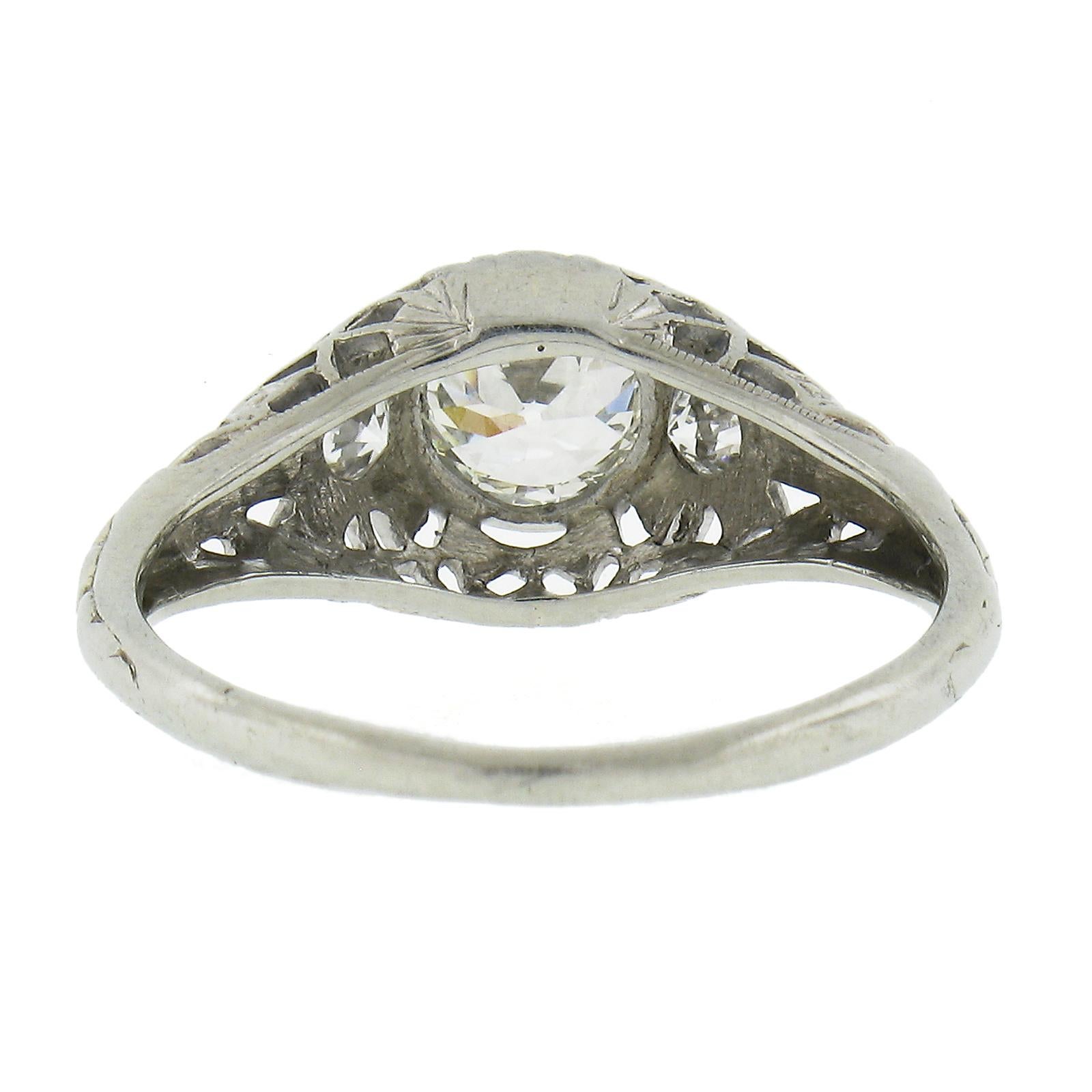 Antique Art Deco 18K Gold 0.69ctw GIA European Diamond Filigree Engagement Ring For Sale 3