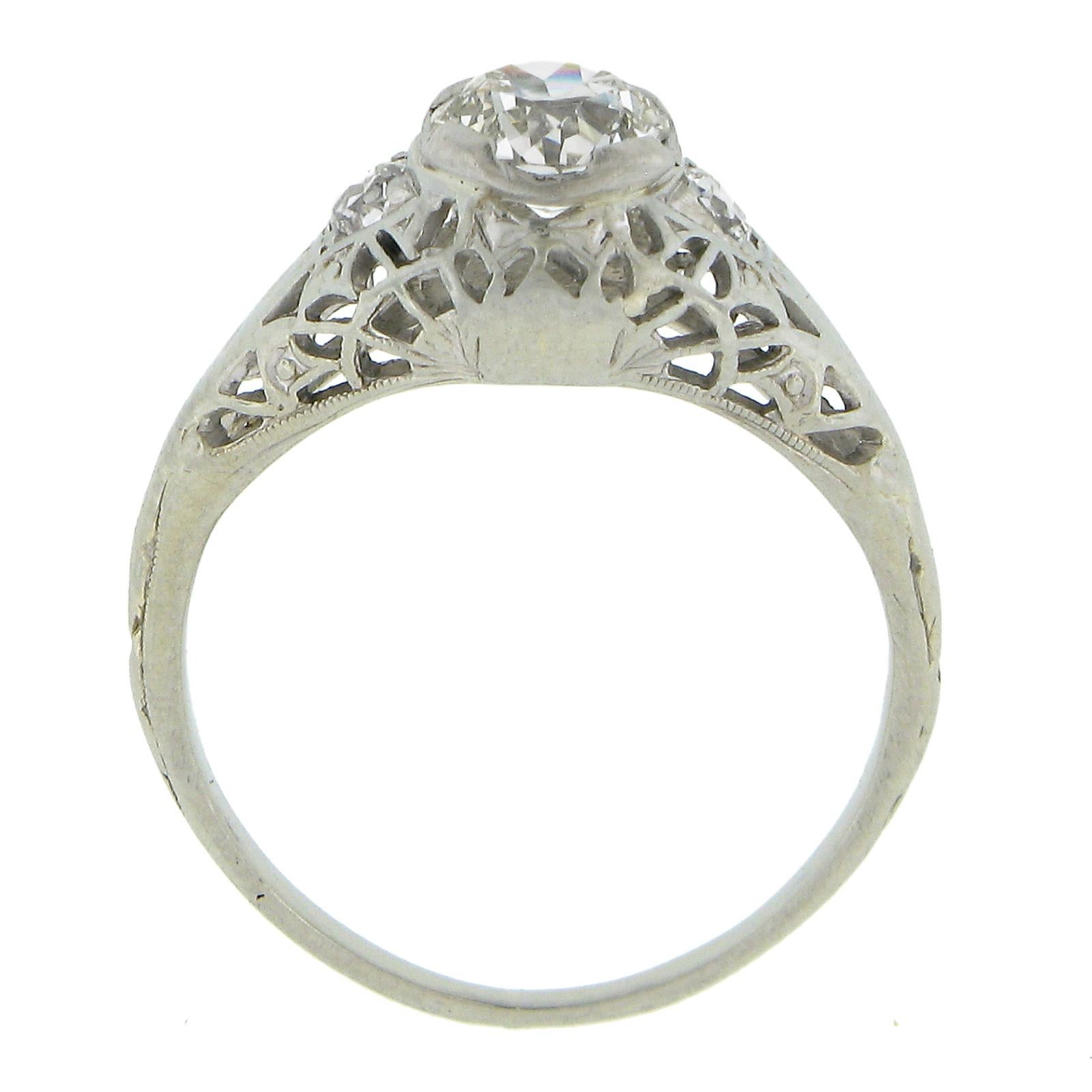 Antique Art Deco 18K Gold 0.69ctw GIA European Diamond Filigree Engagement Ring For Sale 4