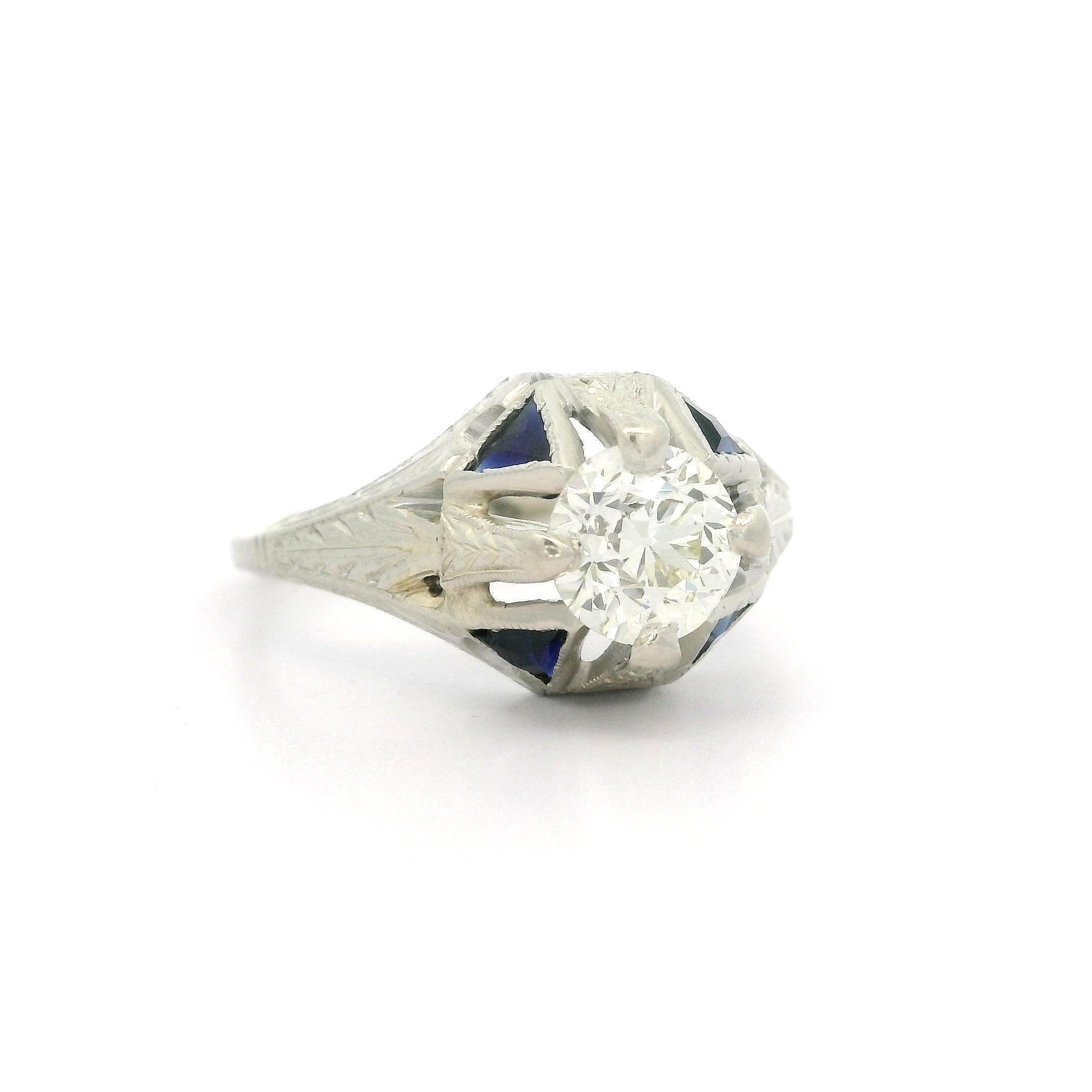 Antique Art Deco 18k Gold 0.90ct Diamond & Sapphire Hand Engraved Wheat Ring For Sale 5
