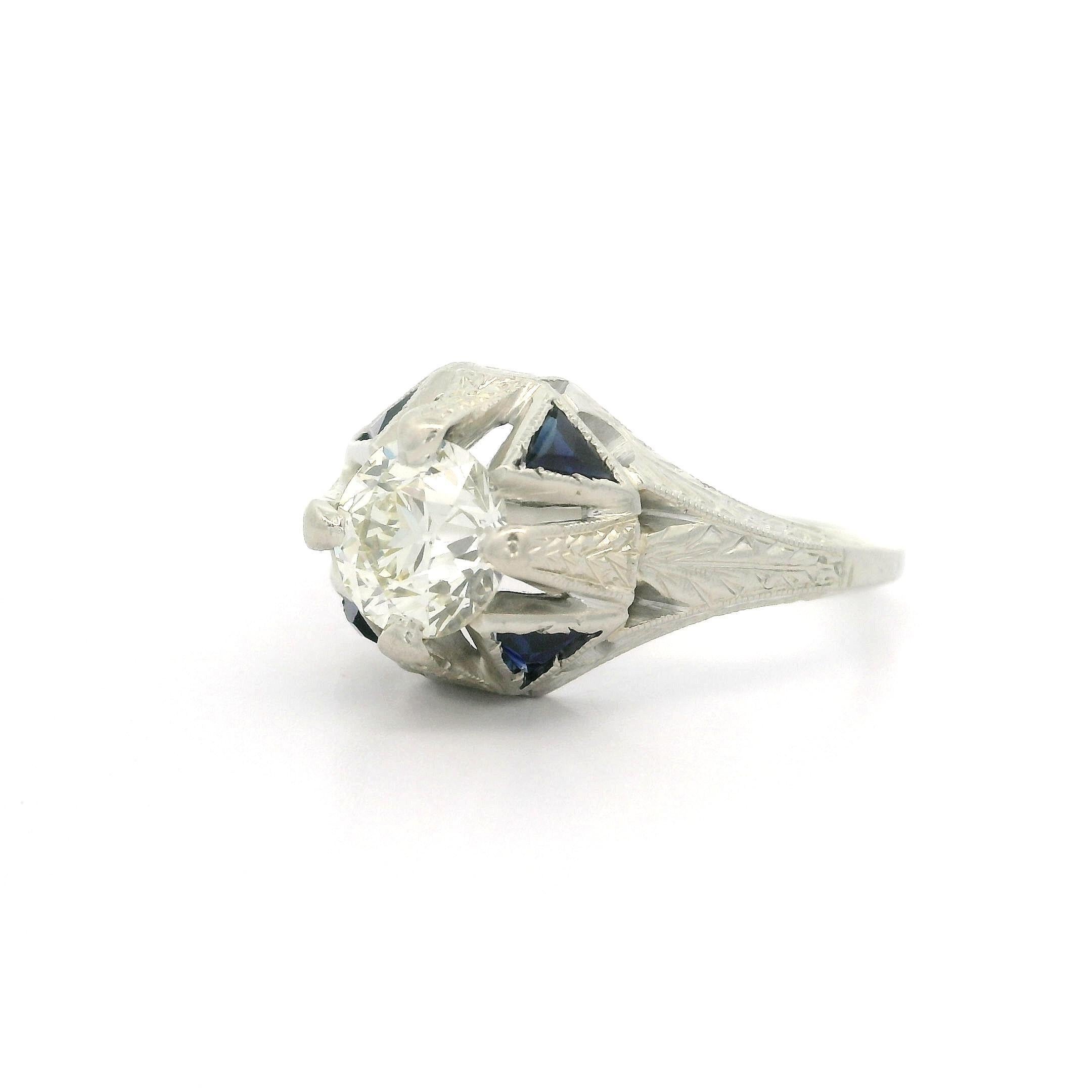 Antique Art Deco 18k Gold 0.90ct Diamond & Sapphire Hand Engraved Wheat Ring For Sale 6