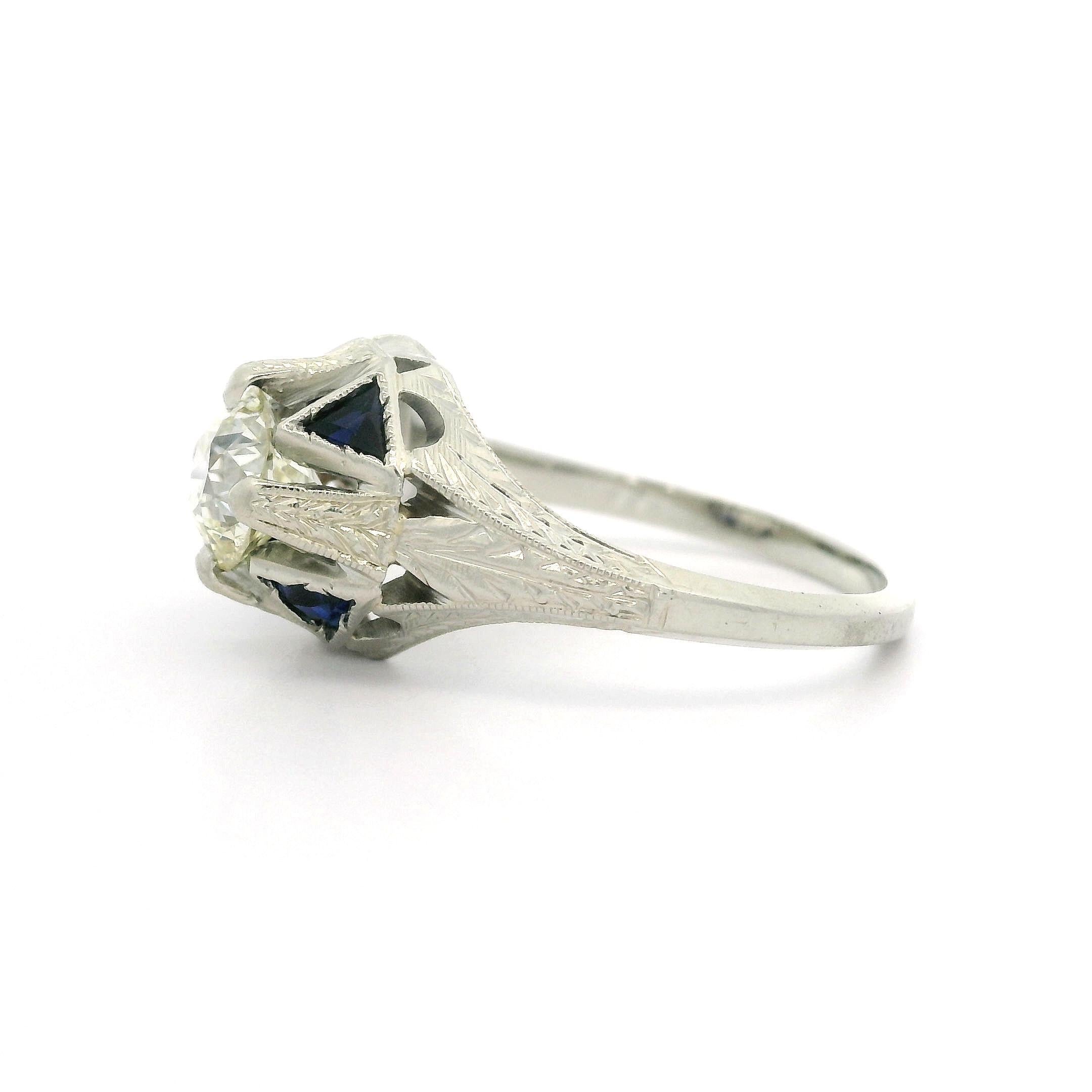 Antique Art Deco 18k Gold 0.90ct Diamond & Sapphire Hand Engraved Wheat Ring For Sale 7