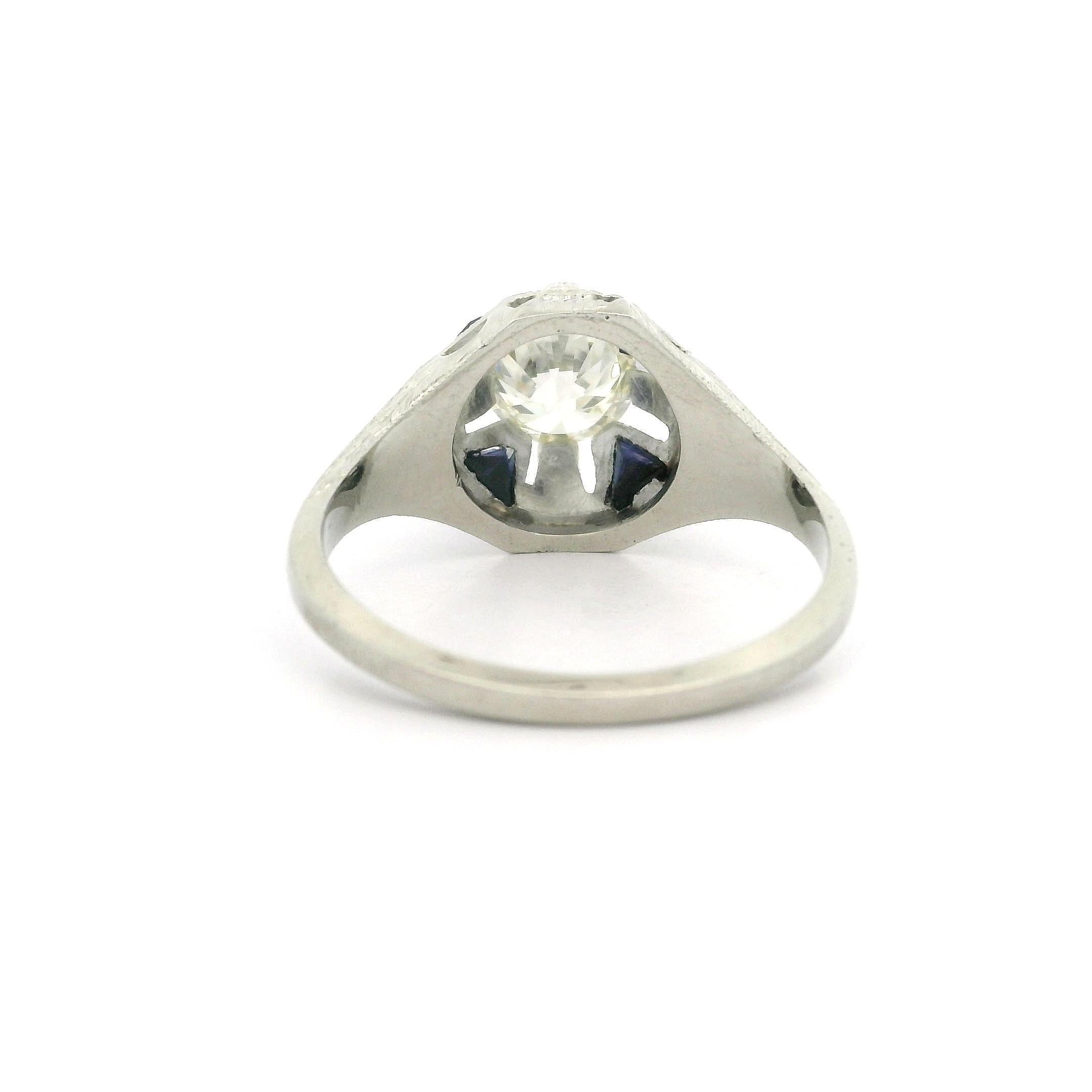 Antique Art Deco 18k Gold 0.90ct Diamond & Sapphire Hand Engraved Wheat Ring For Sale 8