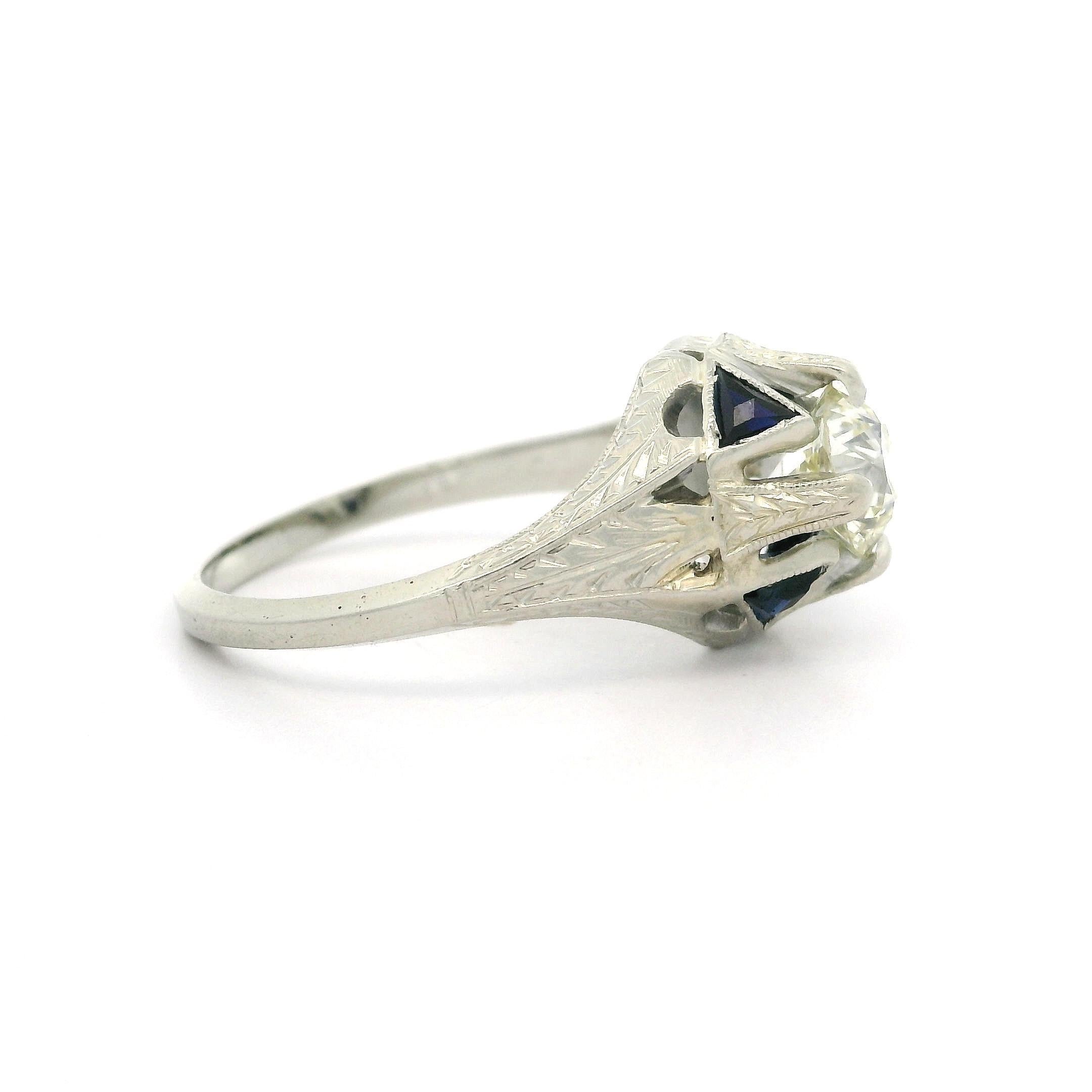 Old European Cut Antique Art Deco 18k Gold 0.90ct Diamond & Sapphire Hand Engraved Wheat Ring For Sale