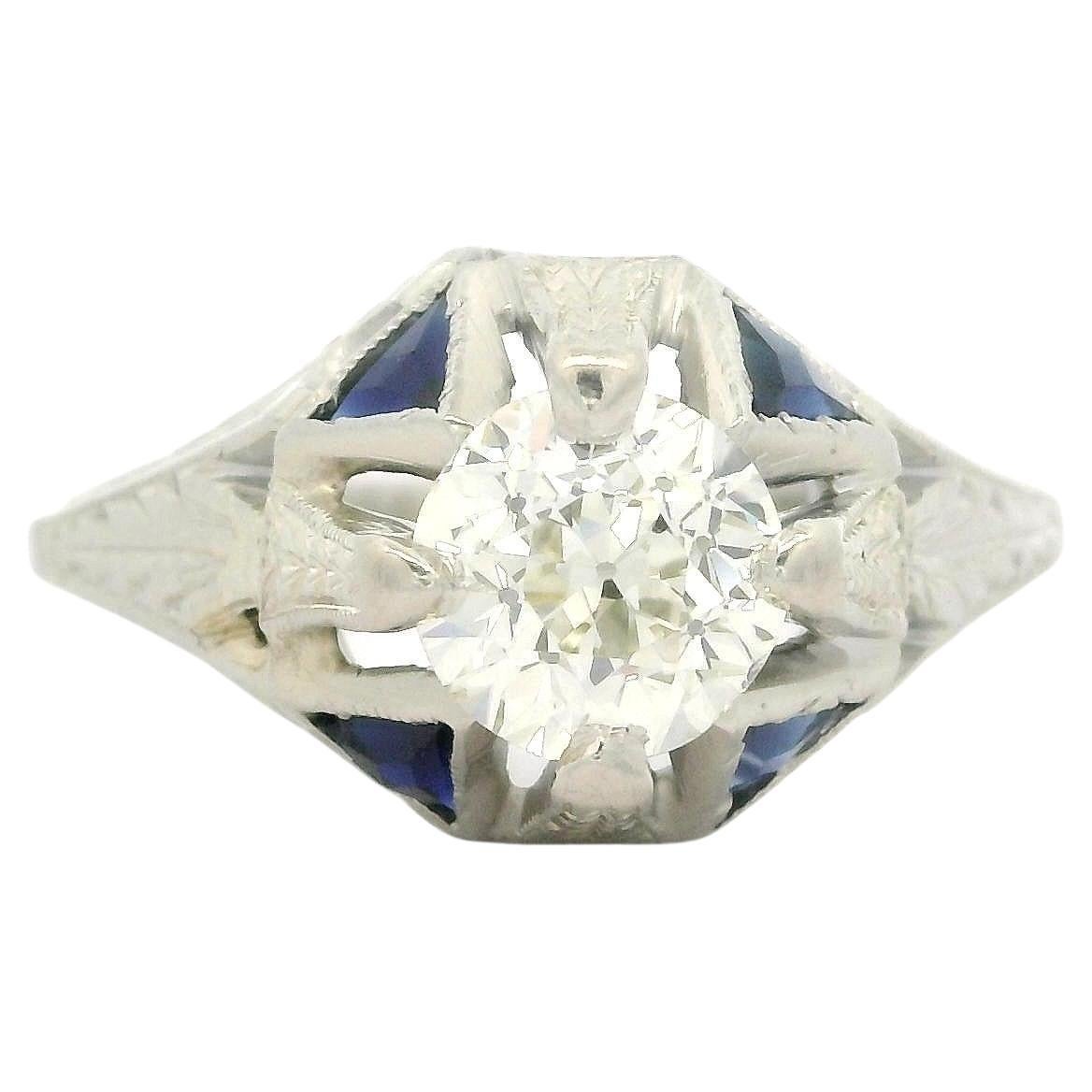 Antique Art Deco 18k Gold 0.90ct Diamond & Sapphire Hand Engraved Wheat Ring