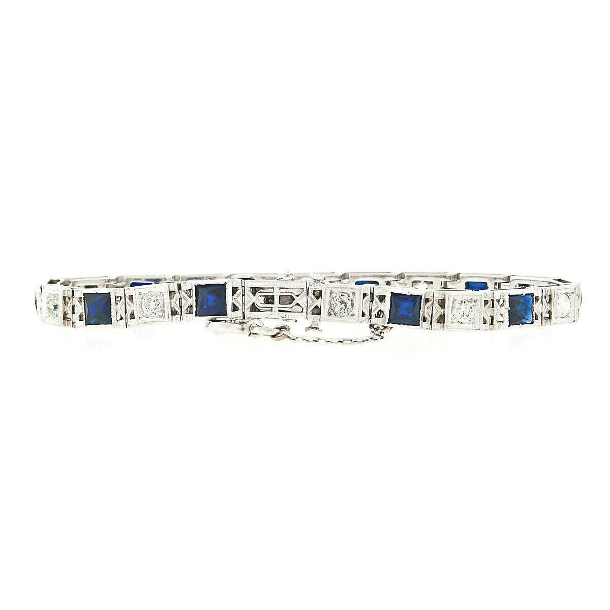 Women's Antique Art Deco 18k Gold 1.10ctw European Diamond & Syn. Sapphire Line Bracelet