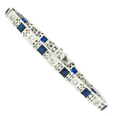 Antique Art Deco 18k Gold 1.10ctw European Diamond & Syn. Sapphire Line Bracelet