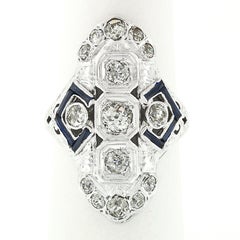 Antique Art Deco 18k Gold 1.13ctw European Diamond Sapphire Etched Dinner Ring