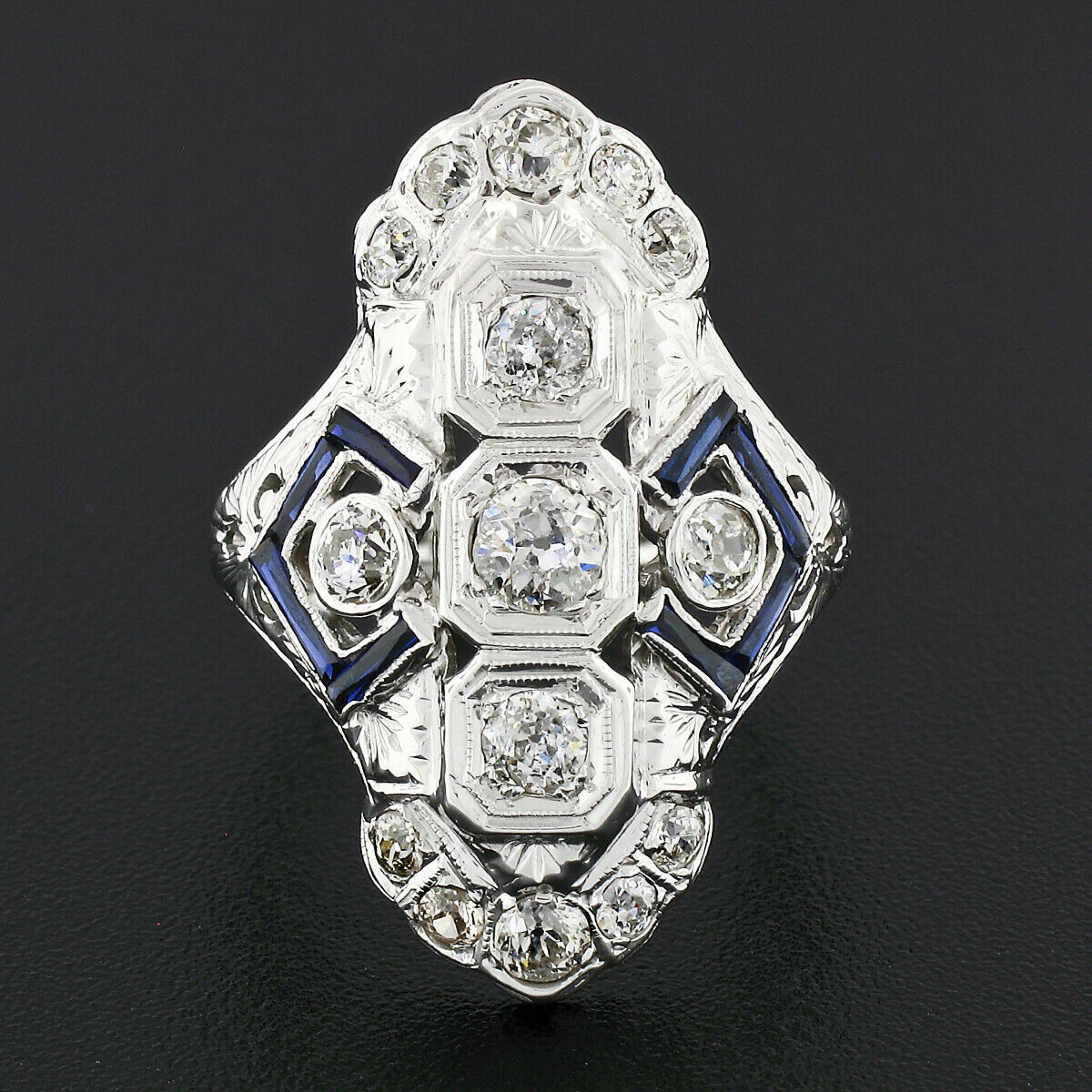 Old European Cut Antique Art Deco 18k Gold 1.13ctw European Diamond Sapphire Etched Dinner Ring For Sale