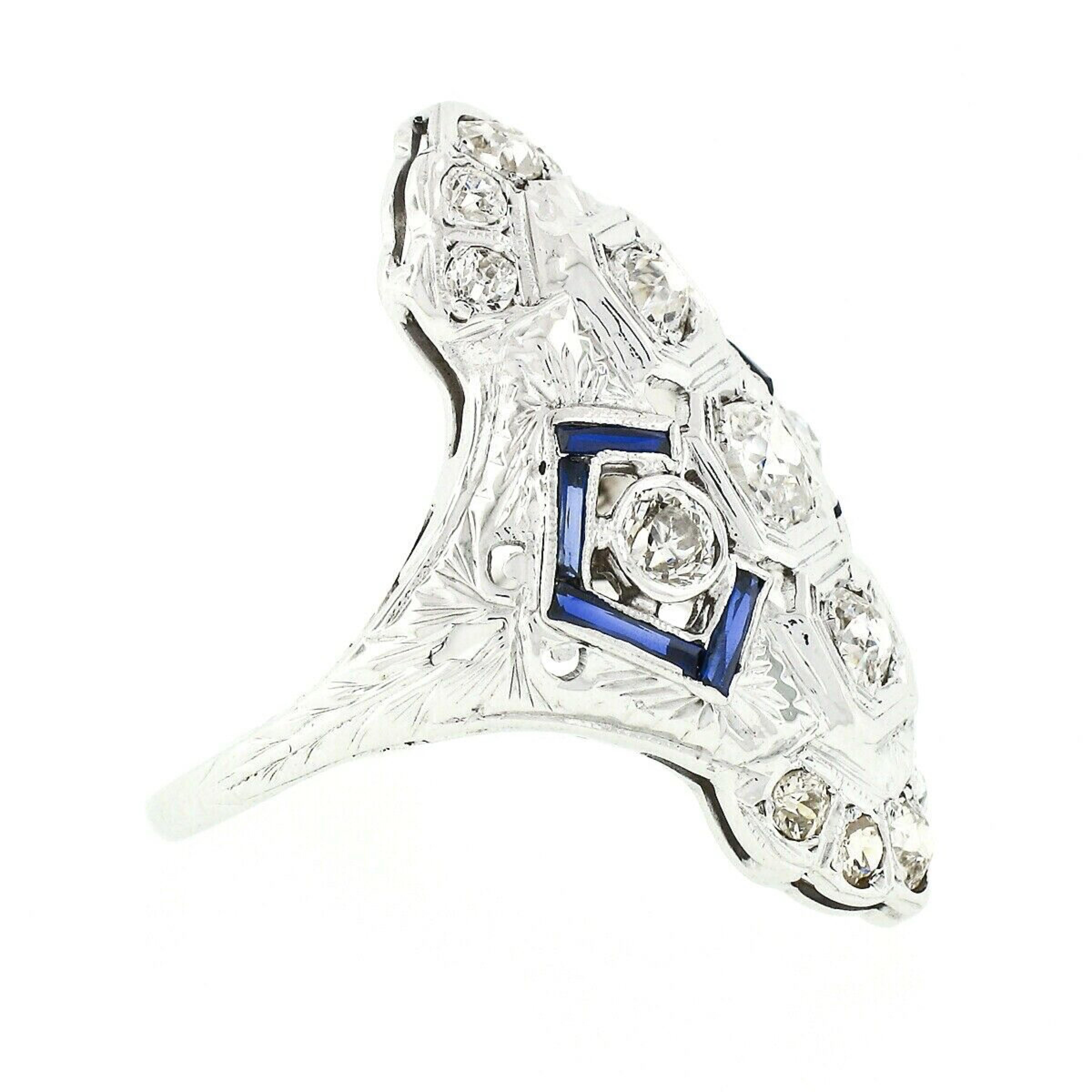 Women's Antique Art Deco 18k Gold 1.13ctw European Diamond Sapphire Etched Dinner Ring For Sale