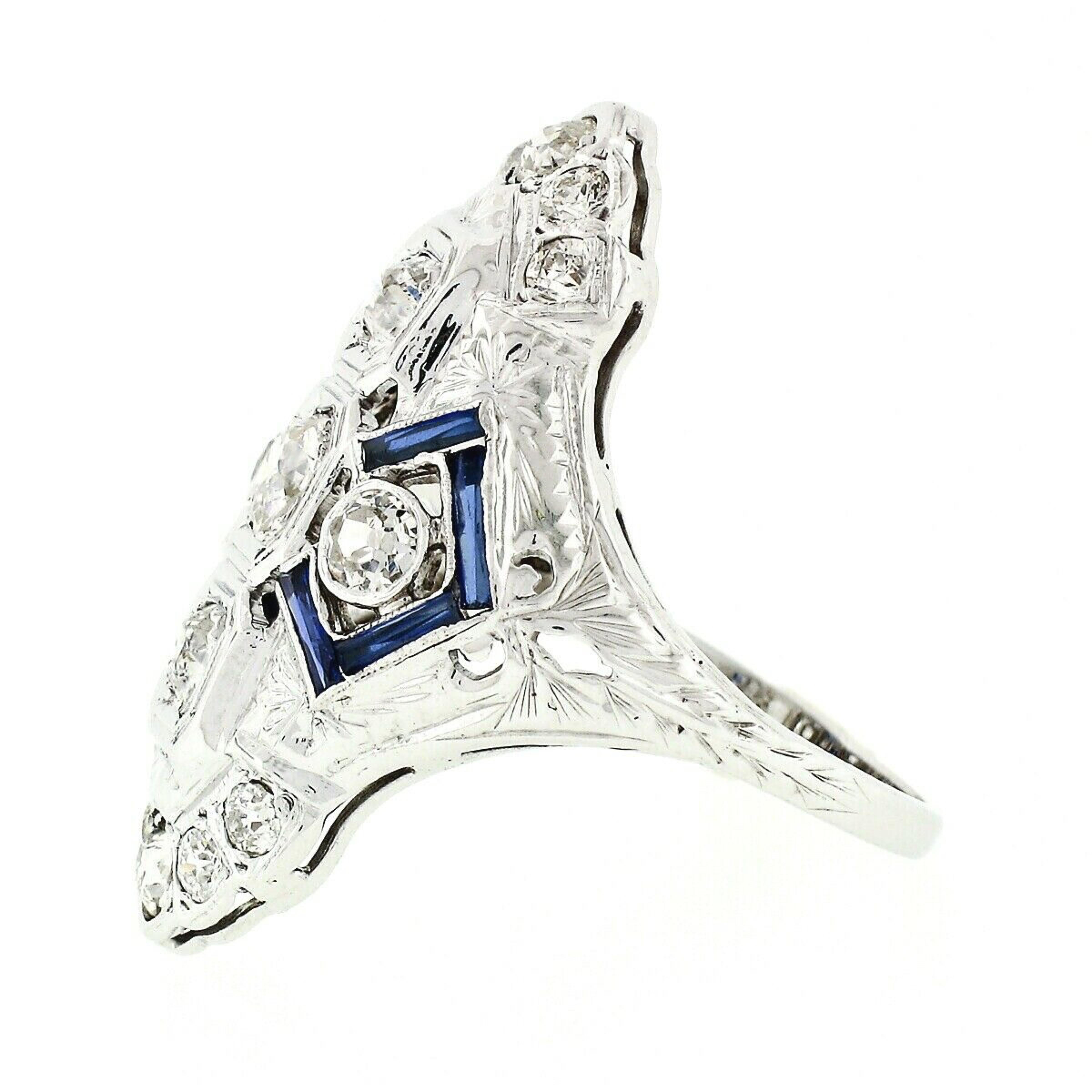 Antique Art Deco 18k Gold 1.13ctw European Diamond Sapphire Etched Dinner Ring For Sale 1