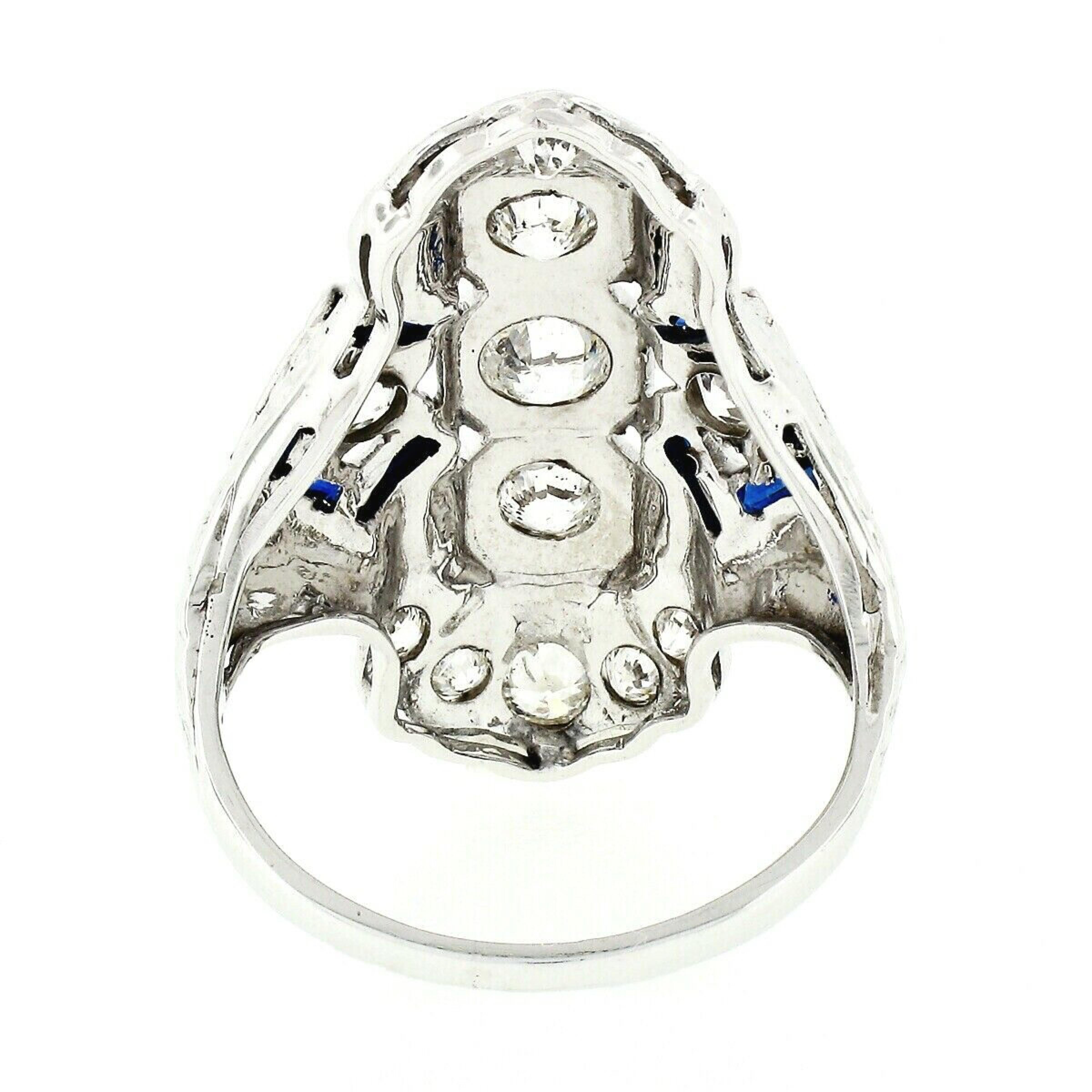 Antique Art Deco 18k Gold 1.13ctw European Diamond Sapphire Etched Dinner Ring For Sale 2