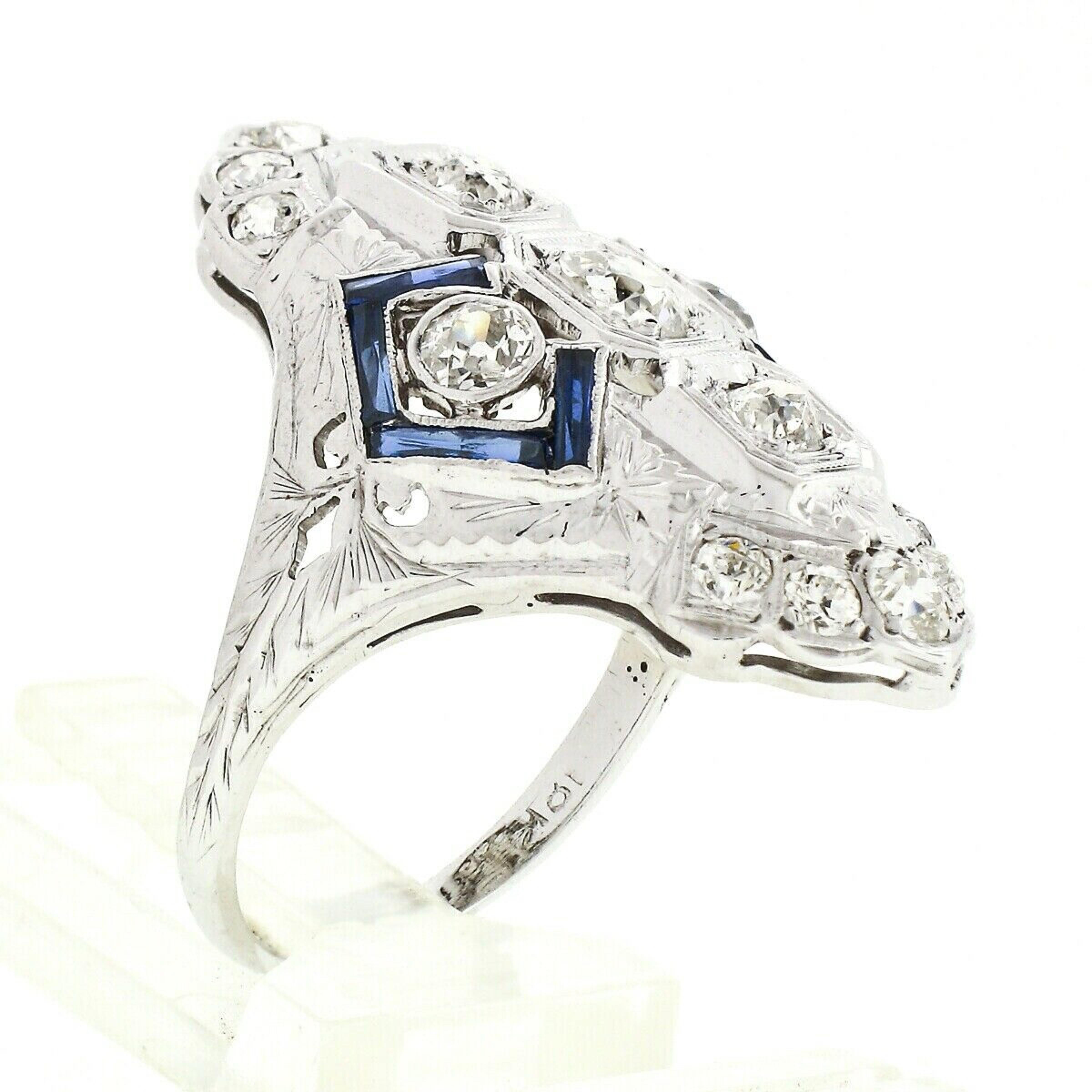 Antique Art Deco 18k Gold 1.13ctw European Diamond Sapphire Etched Dinner Ring For Sale 4