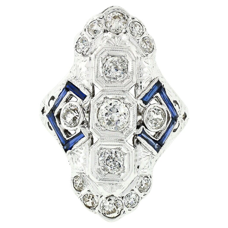 Antique Art Deco 18k Gold 1.13ctw European Diamond Sapphire Etched