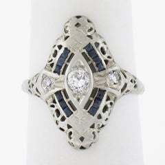Antique Art Deco 18K Gold .12ctw Diamond & Sapphire Filigree Navette Dinner Ring