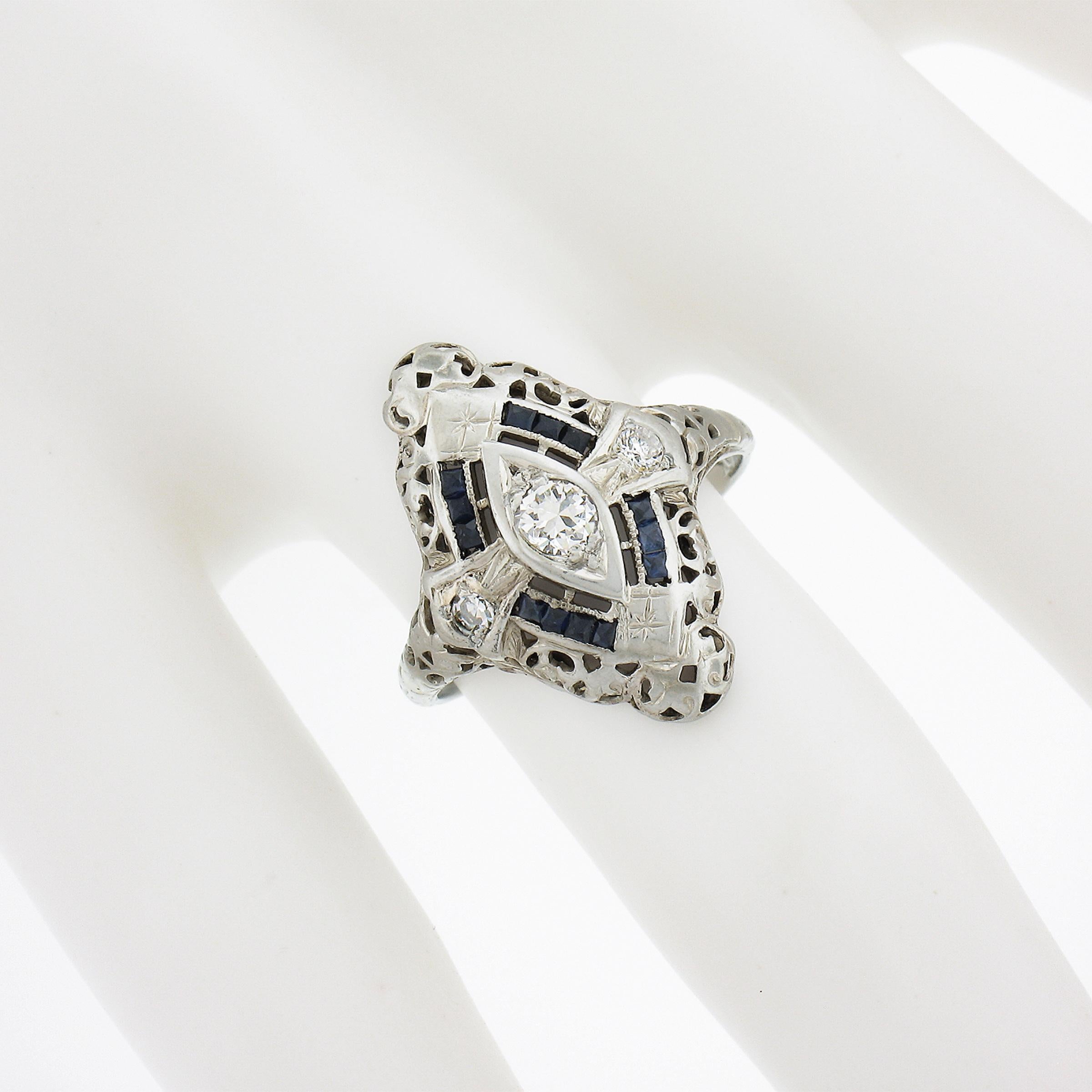 Taille vieille Europe Bague d'apparat ancienne en or 18 carats .12ctw Diamond & Sapphire Filigree Navette Dinner Ring en vente