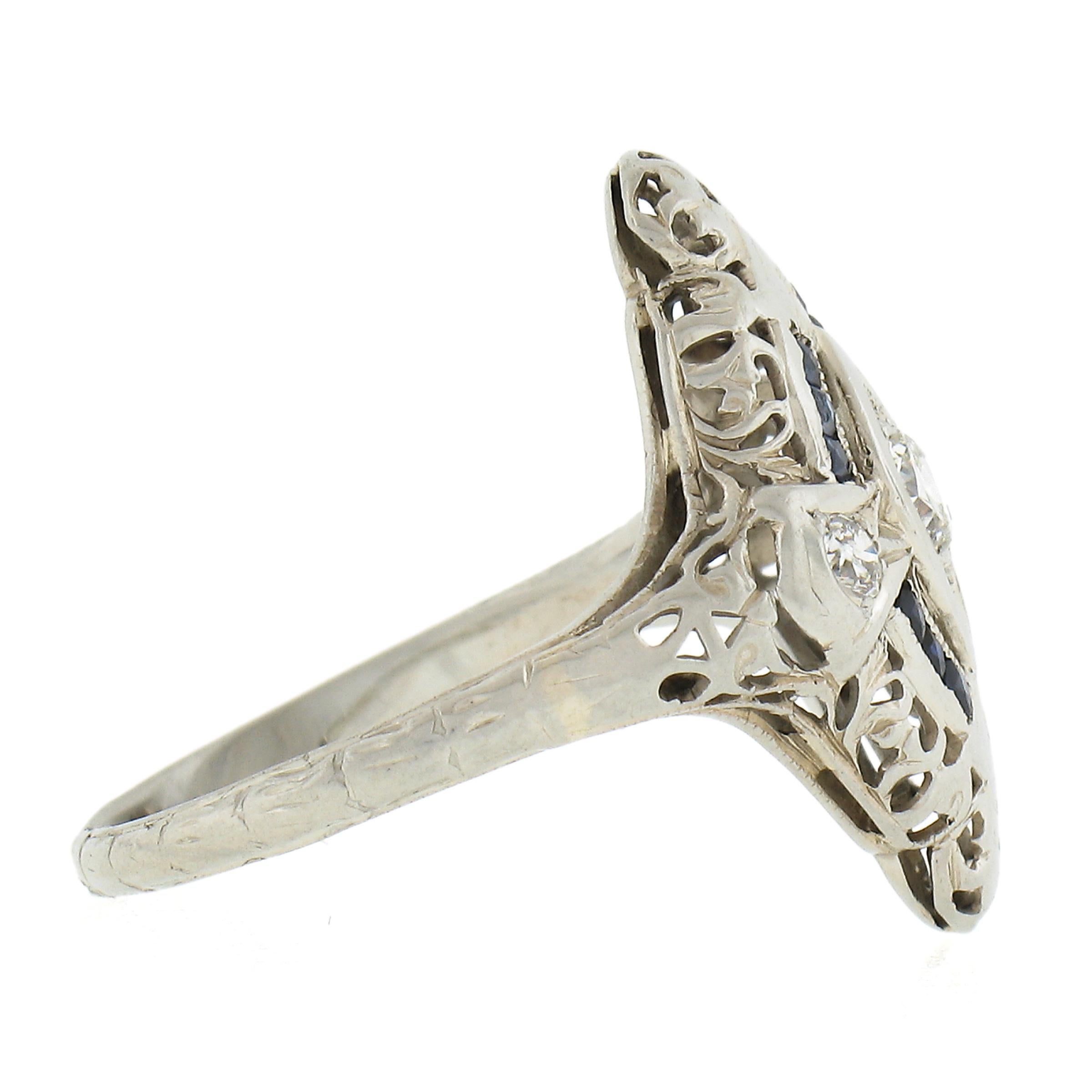 Women's Antique Art Deco 18K Gold .12ctw Diamond & Sapphire Filigree Navette Dinner Ring For Sale