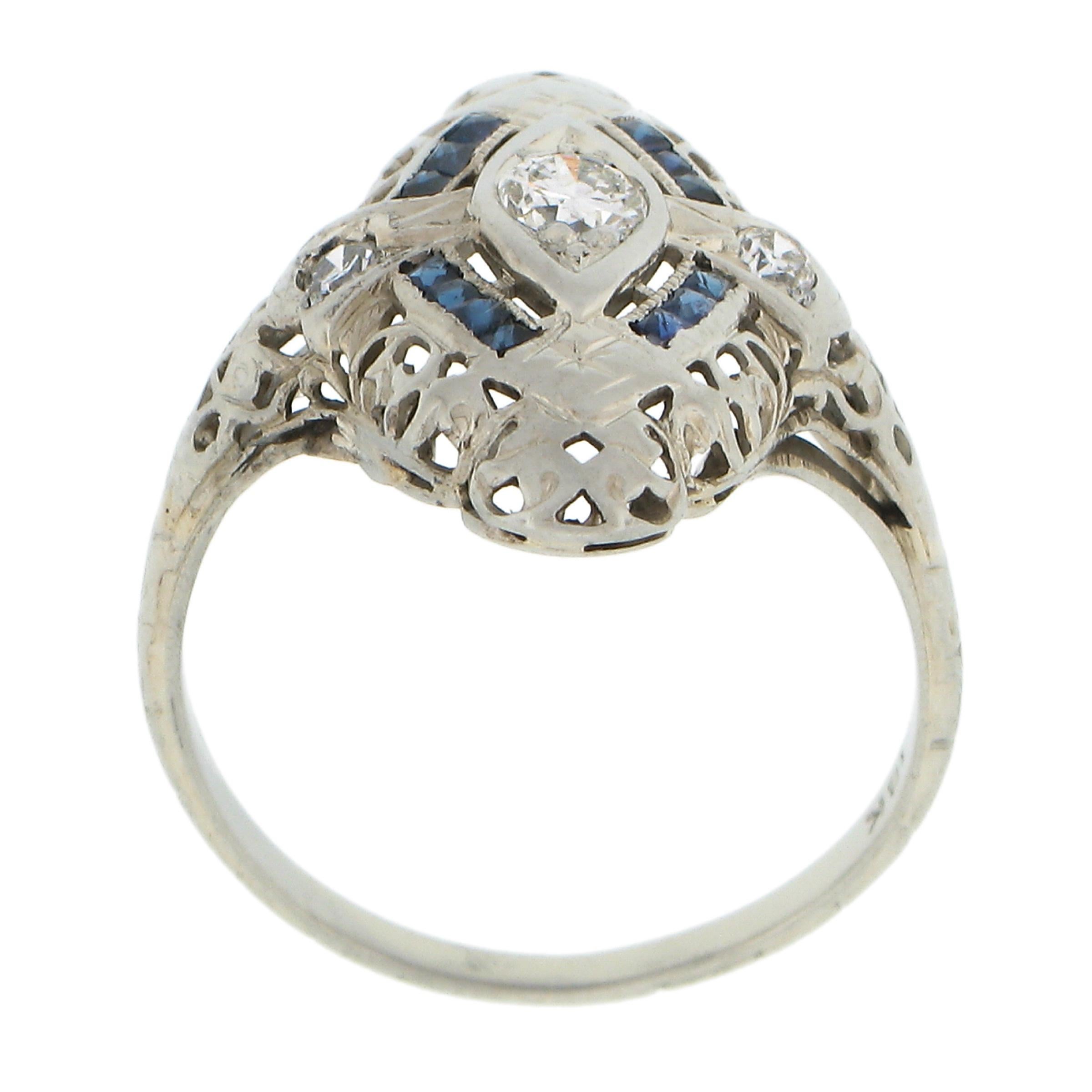 Antique Art Deco 18K Gold .12ctw Diamond & Sapphire Filigree Navette Dinner Ring For Sale 3