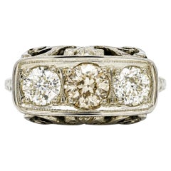 Antique Art Deco 18k Gold 3 Fiery Old European 1.26ct Diamond Engraved Work Ring