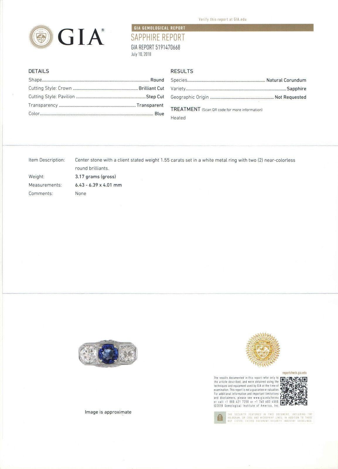 Antique Art Deco 18k Gold 3.20ctw GIA Sapphire European Diamond Three Stone Ring For Sale 5