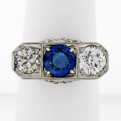 Antique Art Deco 18k Gold 3.20ctw GIA Sapphire European Diamond Three Stone Ring