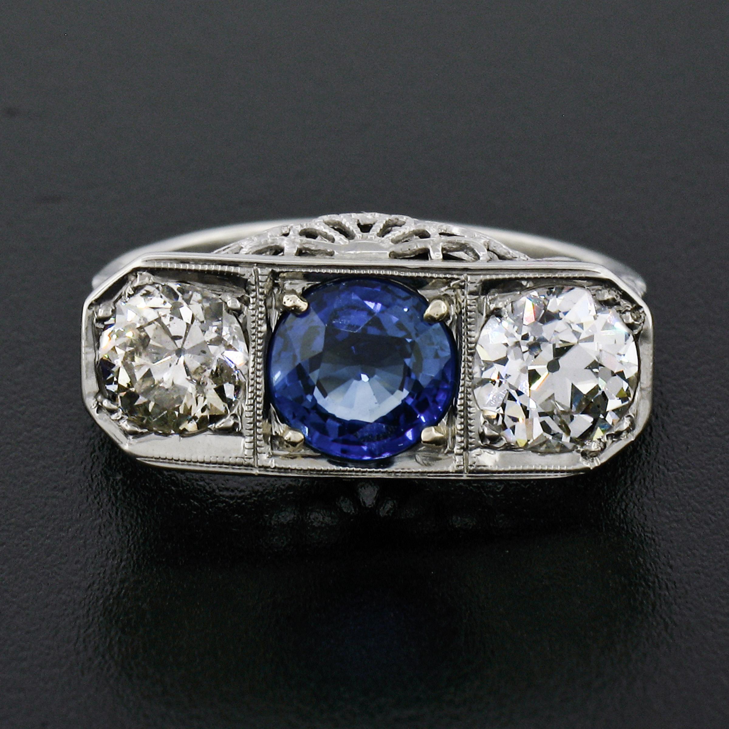 Round Cut Antique Art Deco 18k Gold 3.20ctw GIA Sapphire European Diamond Three Stone Ring For Sale