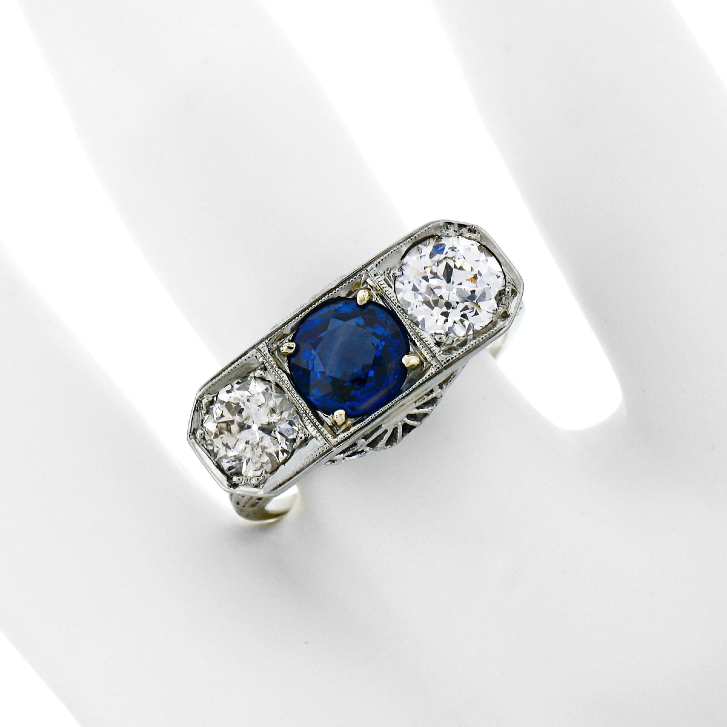 Antique Art Deco 18k Gold 3.20ctw GIA Sapphire European Diamond Three Stone Ring In Excellent Condition For Sale In Montclair, NJ
