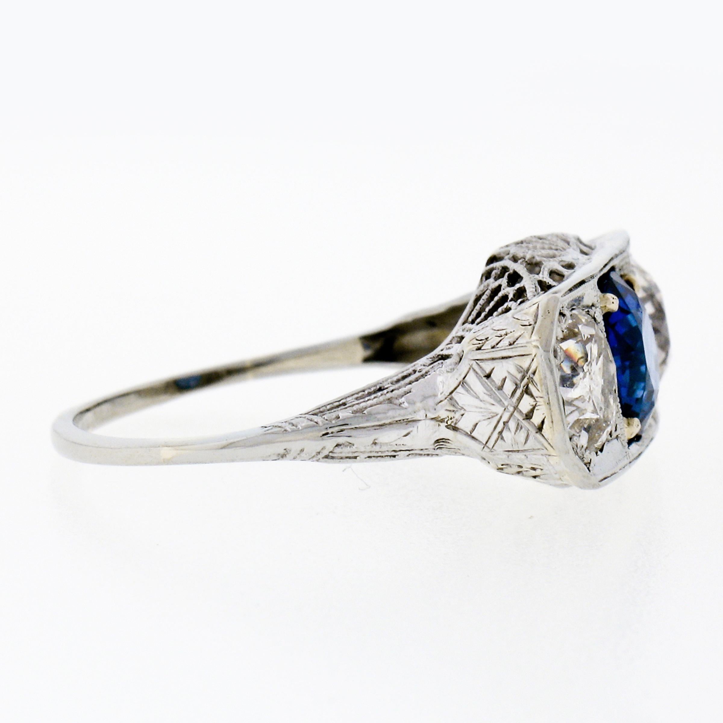 Women's or Men's Antique Art Deco 18k Gold 3.20ctw GIA Sapphire European Diamond Three Stone Ring For Sale