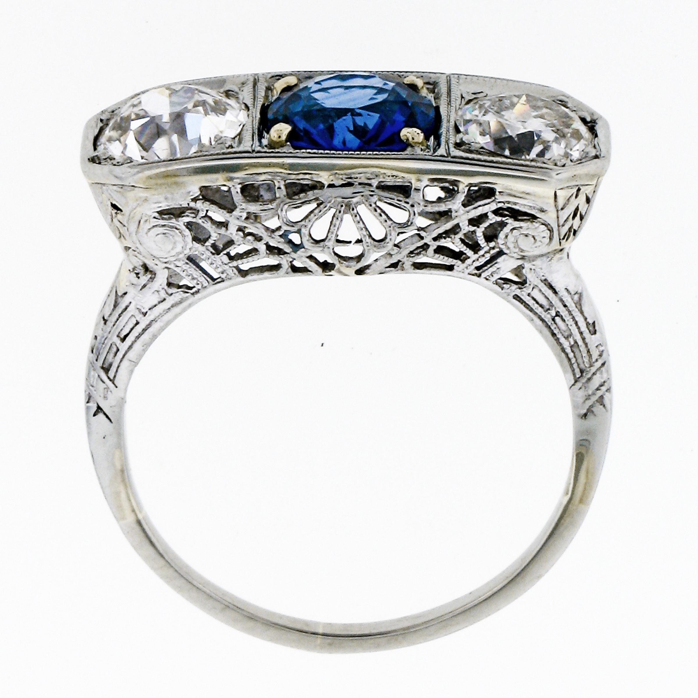 Antique Art Deco 18k Gold 3.20ctw GIA Sapphire European Diamond Three Stone Ring For Sale 2