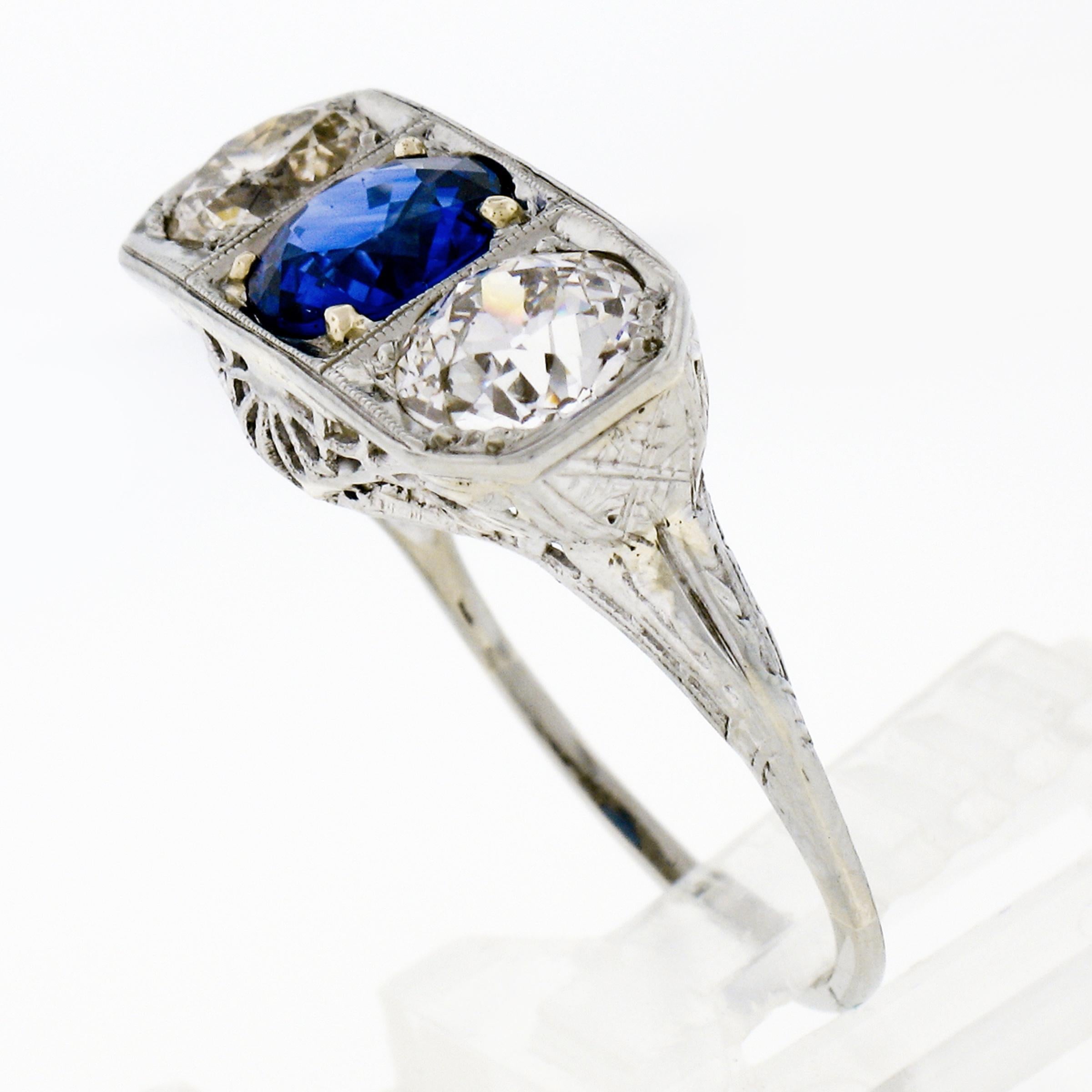 Antique Art Deco 18k Gold 3.20ctw GIA Sapphire European Diamond Three Stone Ring For Sale 3