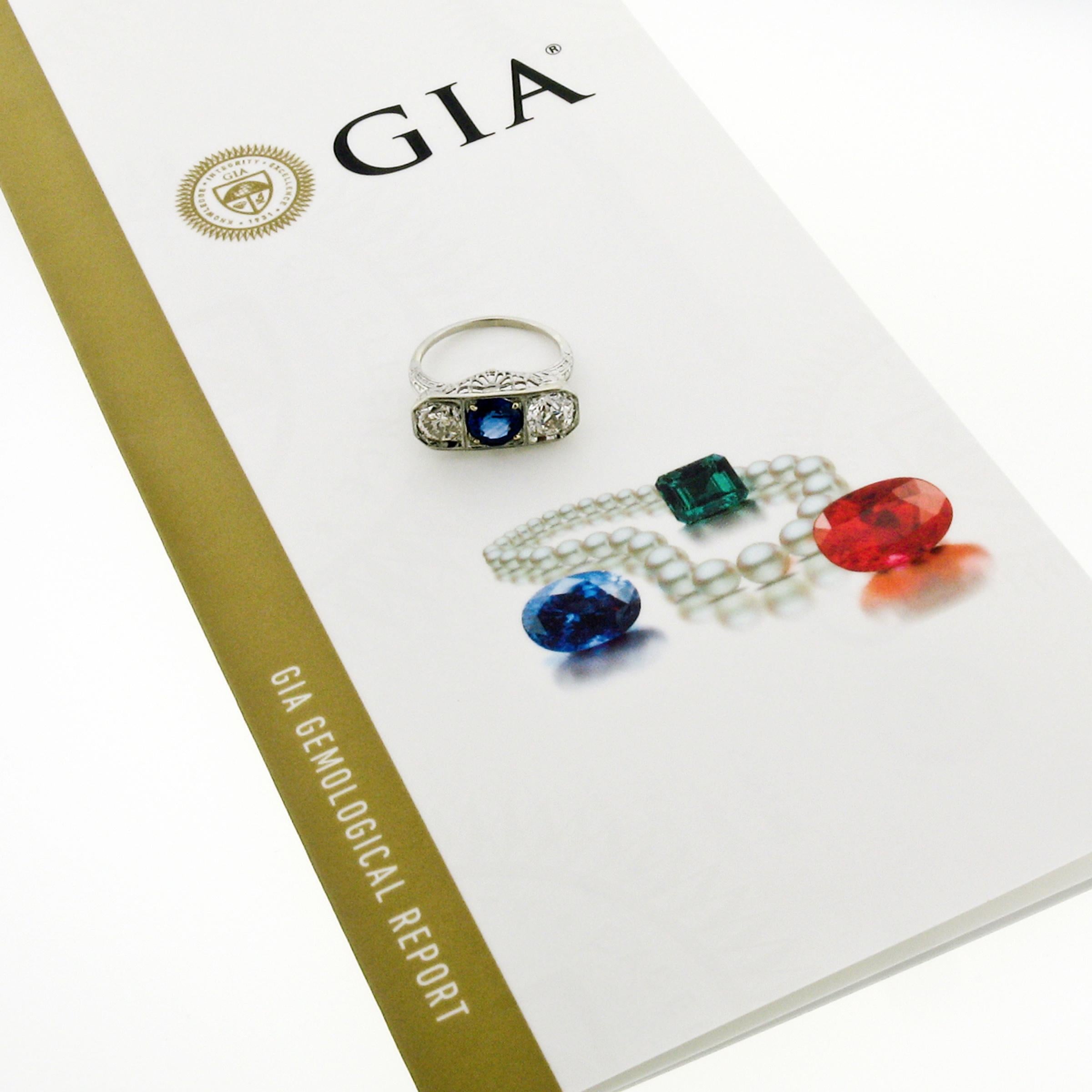 Antique Art Deco 18k Gold 3.20ctw GIA Sapphire European Diamond Three Stone Ring For Sale 4