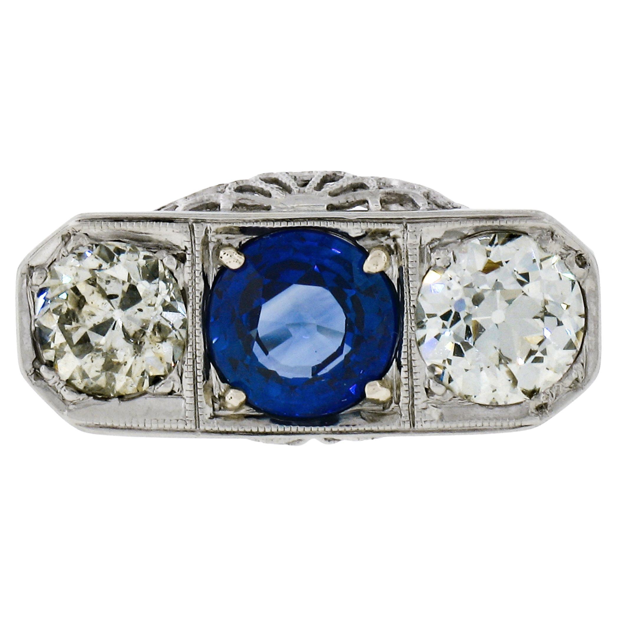 Antique Art Deco 18k Gold 3.20ctw GIA Sapphire European Diamond Three Stone Ring For Sale