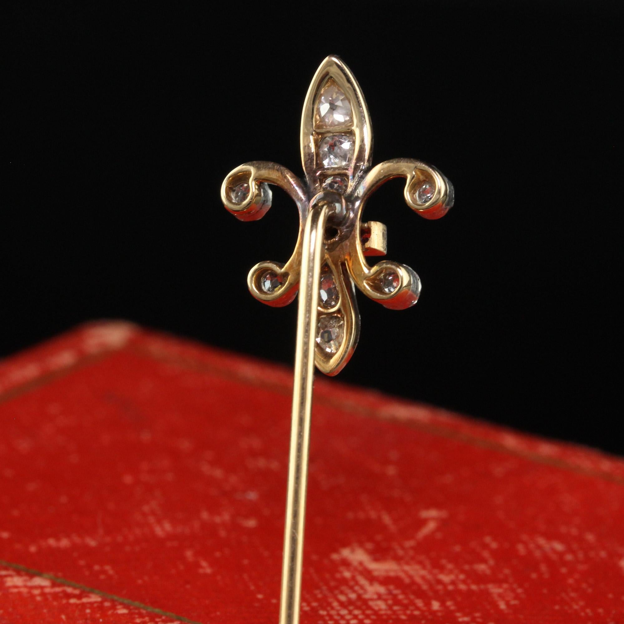 Old Mine Cut Antique Art Deco 18K Gold and Platinum Fleur De Lis Diamond Stick Pin For Sale
