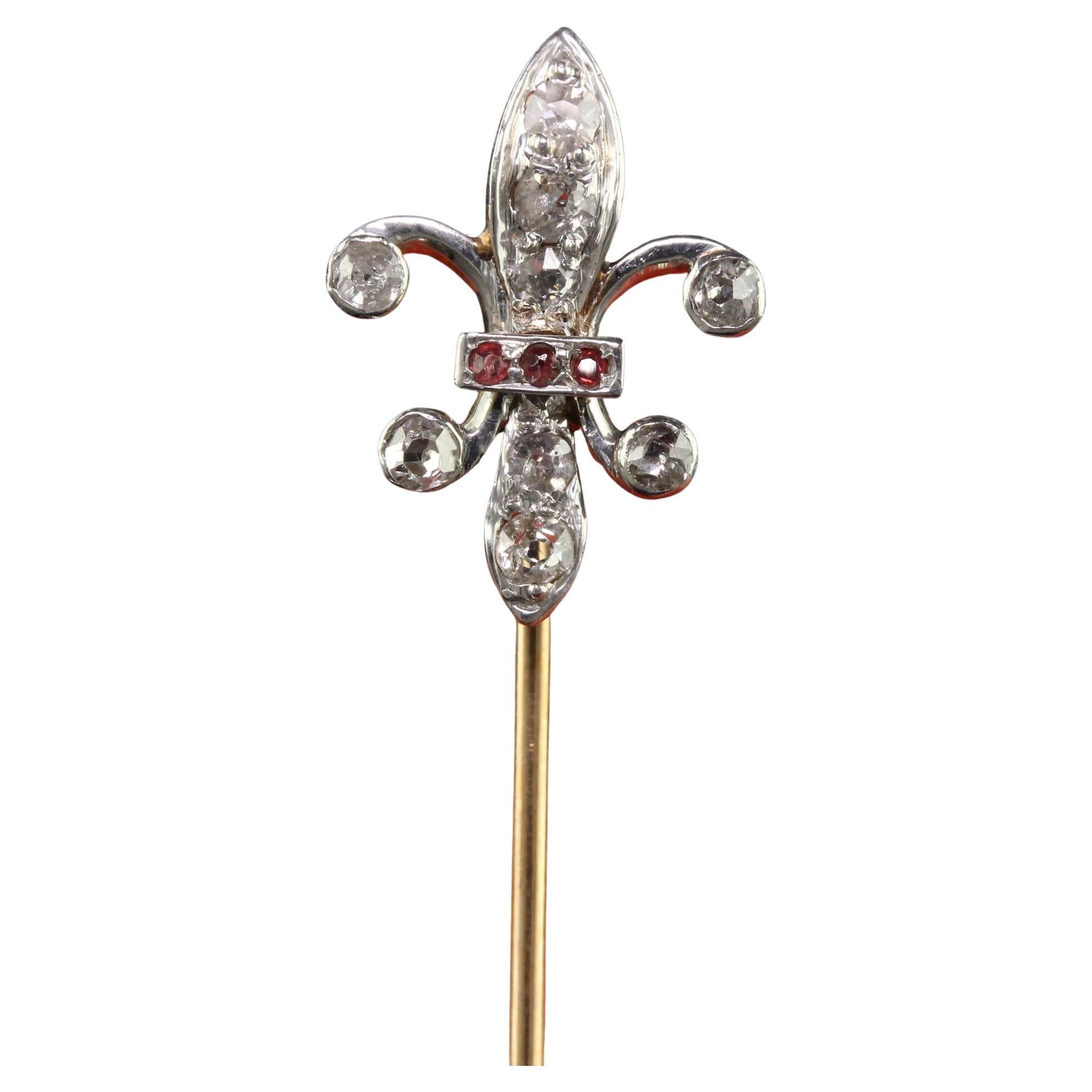 Antique Art Deco 18K Gold and Platinum Fleur De Lis Diamond Stick Pin For Sale