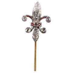 Antique Art Deco 18K Gold and Platinum Fleur De Lis Diamond Stick Pin