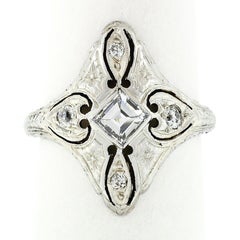 Antique Art Deco 18k Gold Bezel Square Step Diamond Etched Milgrain Dinner Ring