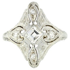 Antique Art Deco 18k Gold Bezel Square Step Diamond Etched Milgrain Dinner Ring