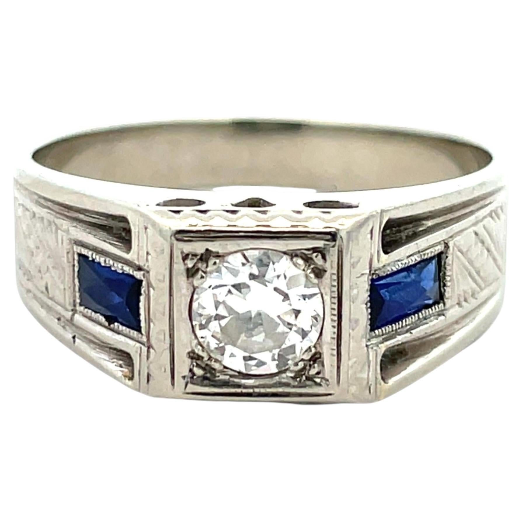 Bague ancienne Art Deco en or blanc 18 carats diamant saphir, 0.40ct, Taille 9