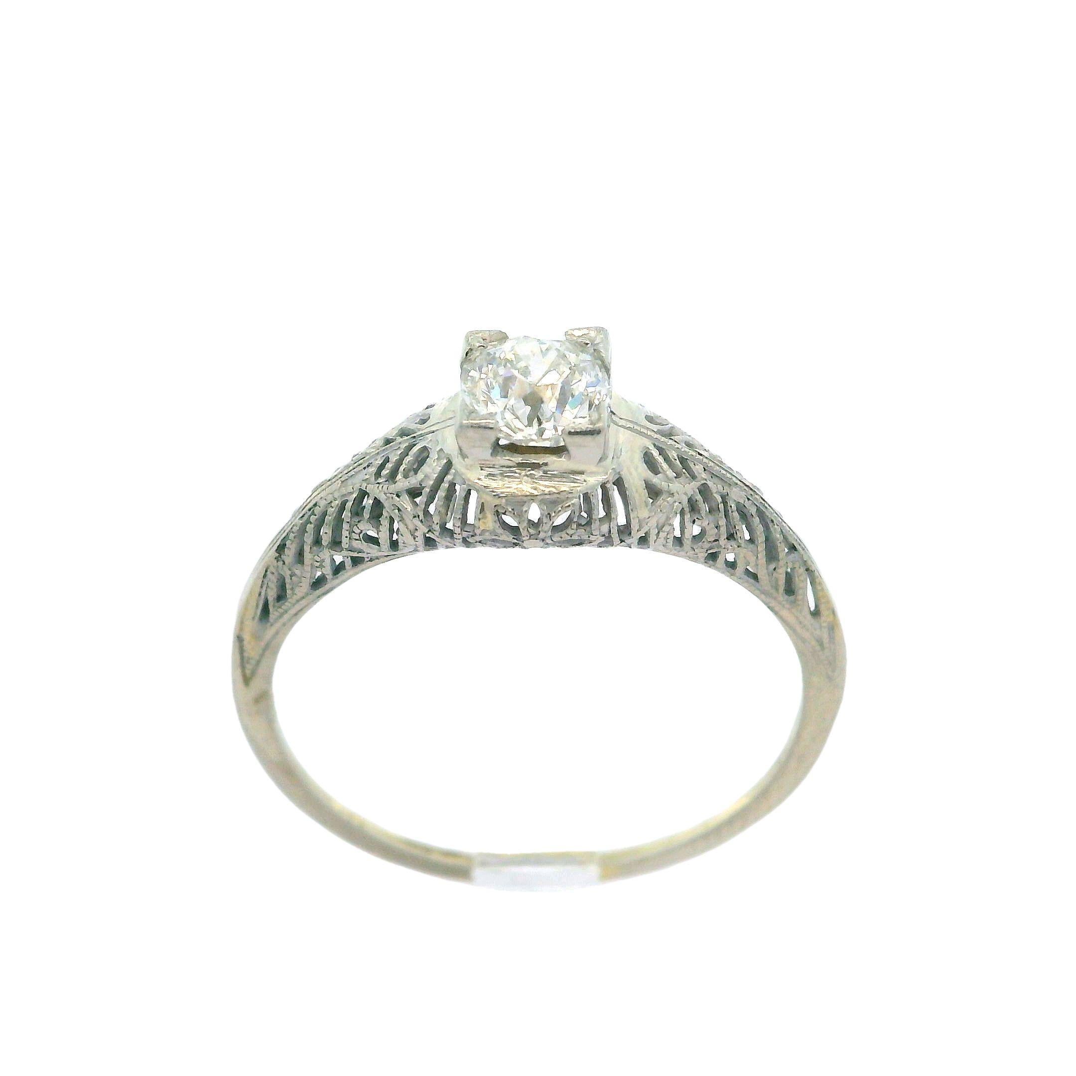 -- Stone(s) --
(1) Natural Genuine Diamond - Old Mine Cushion Cut - Prong Set - Fiery White H Color - SI2 Clarity - 0.54ct (exact, certified) * See Certification Details Below*
Total Carat Weight: 0.54 (exact)

Material: Solid 18k White Gold
Weight: