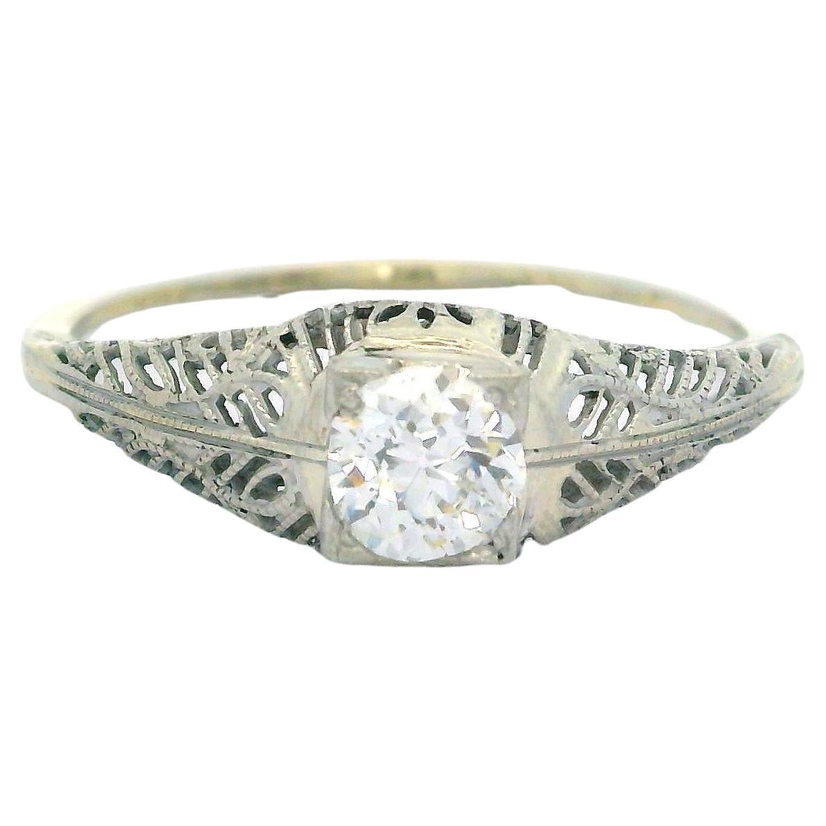 Antique Art Deco 18k Gold Gia 0.54ct Cushion Diamond Filigree Engagement Ring