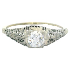 Bague de fiançailles filigrane Art déco en or 18 carats Gia 0,54 carat avec diamant coussin