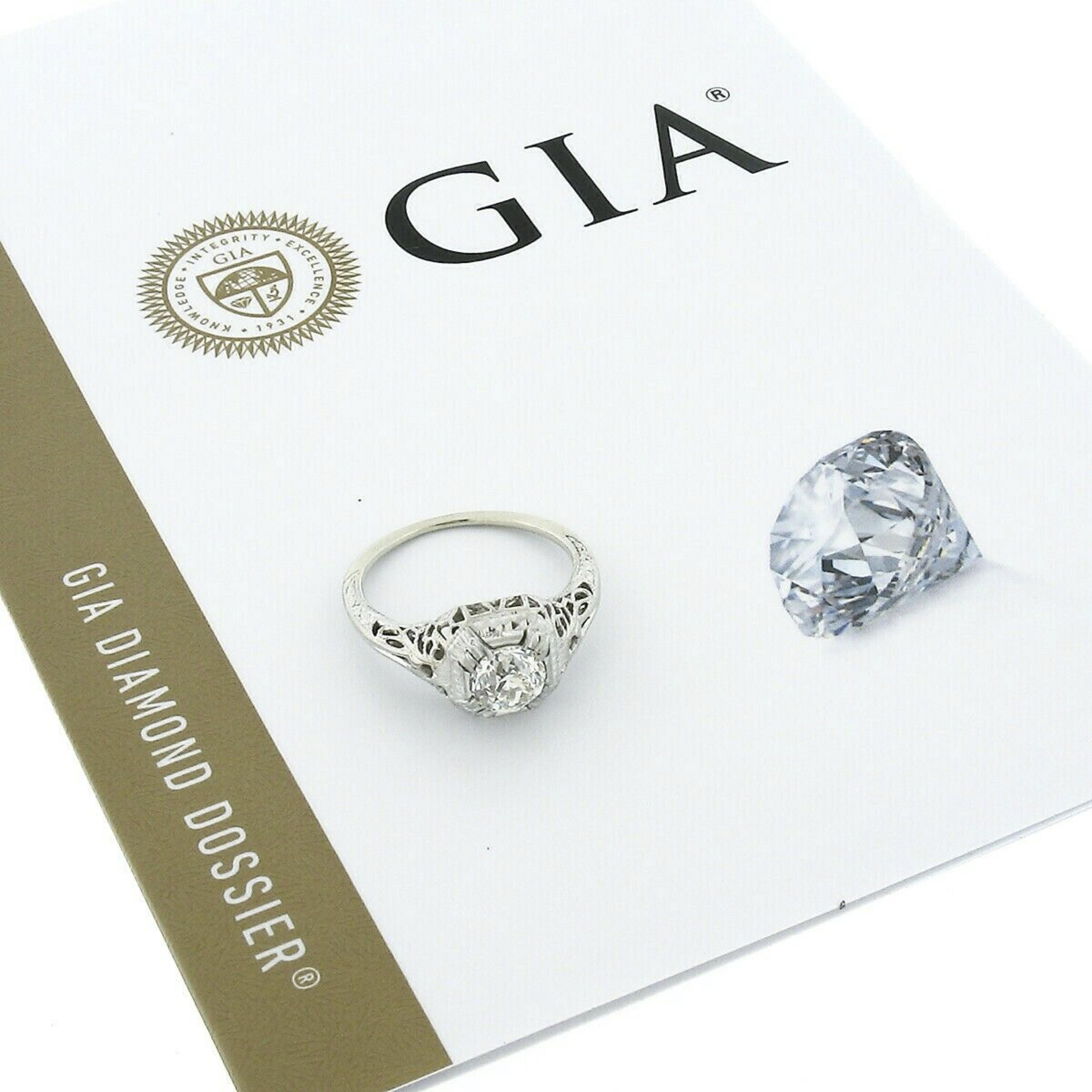 Antique Art Deco 18k Gold GIA 0.75ctw European Diamond Filigree Engagement Ring For Sale 5