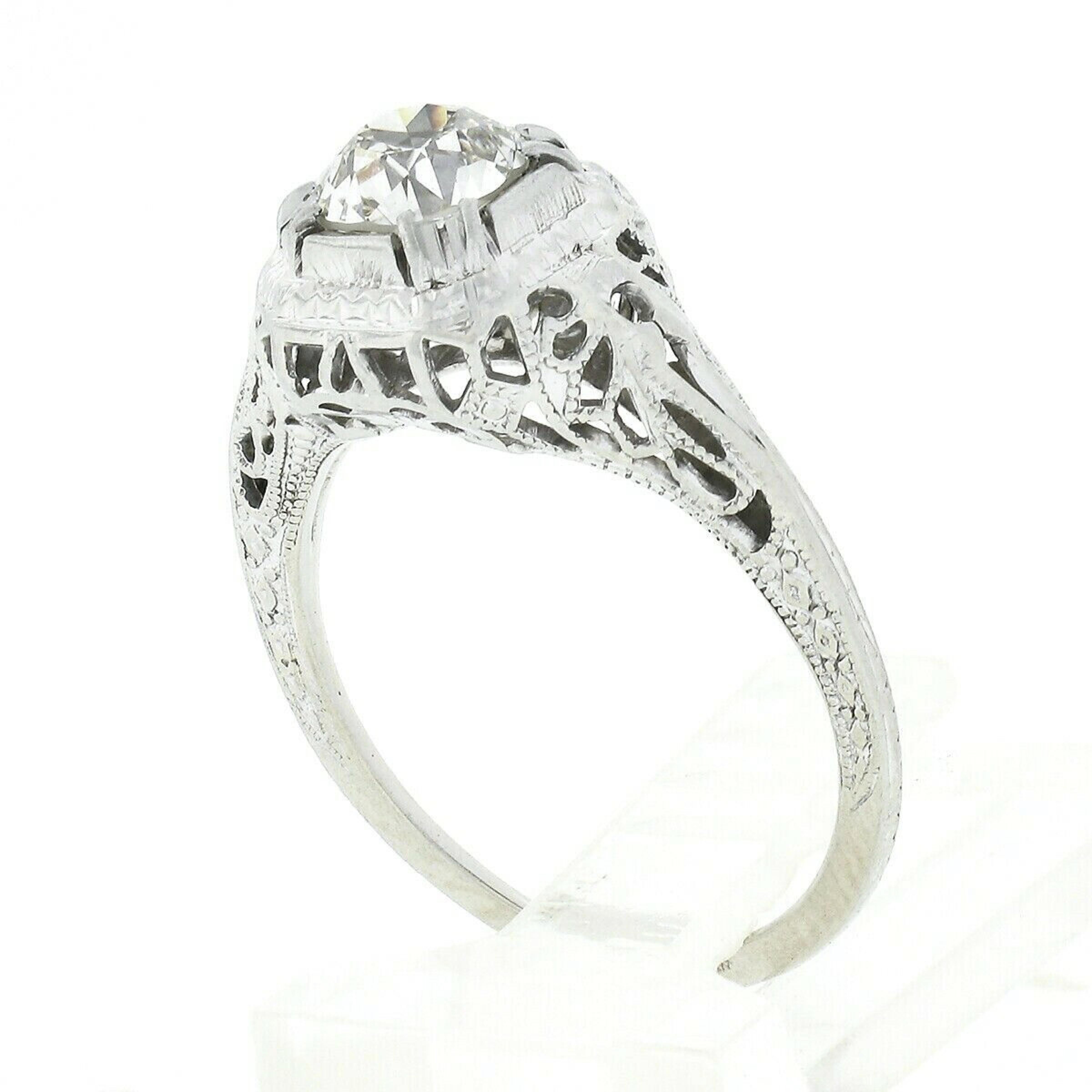 Antique Art Deco 18k Gold GIA 0.75ctw European Diamond Filigree Engagement Ring For Sale 4