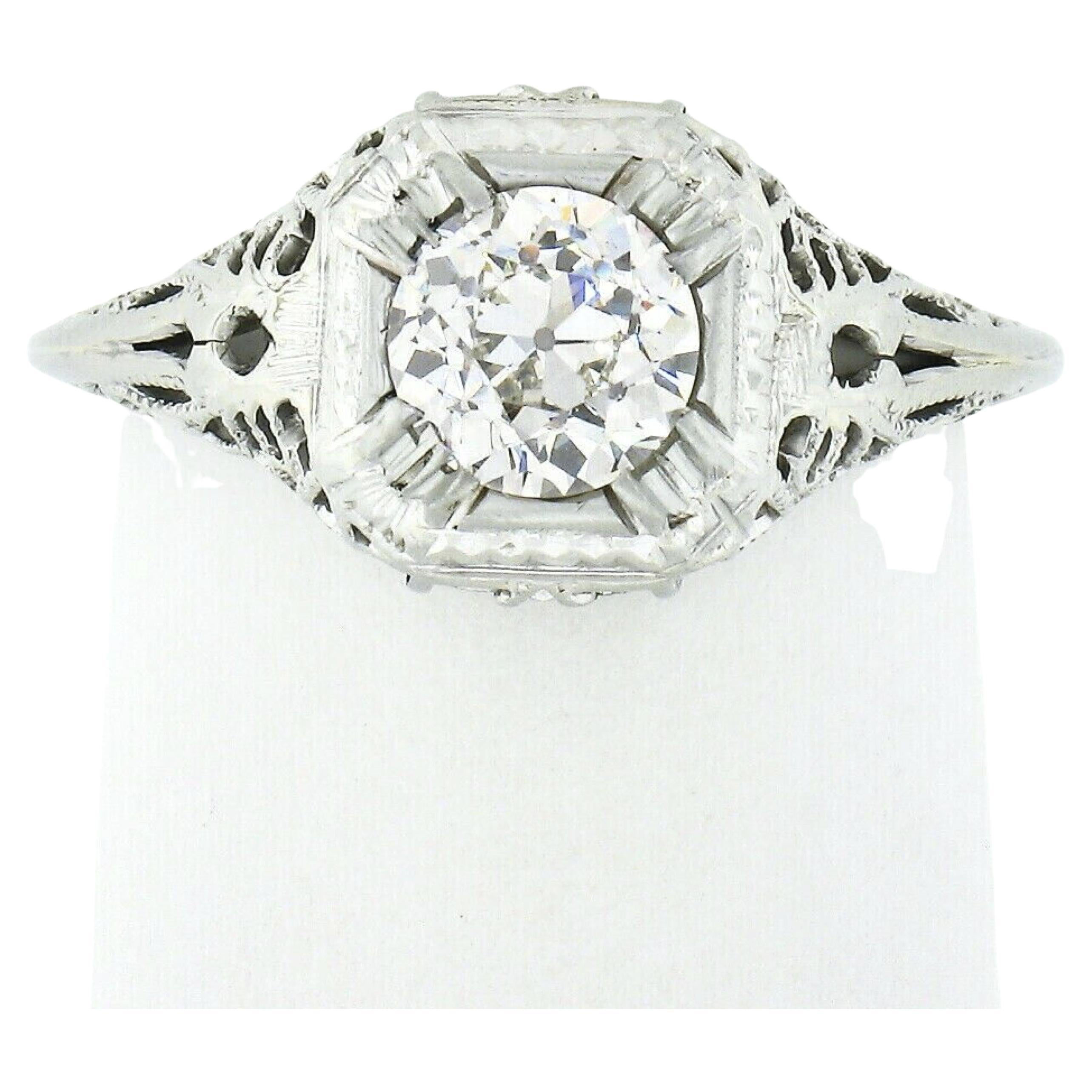 Antique Art Deco 18k Gold GIA 0.75ctw European Diamond Filigree Engagement Ring For Sale