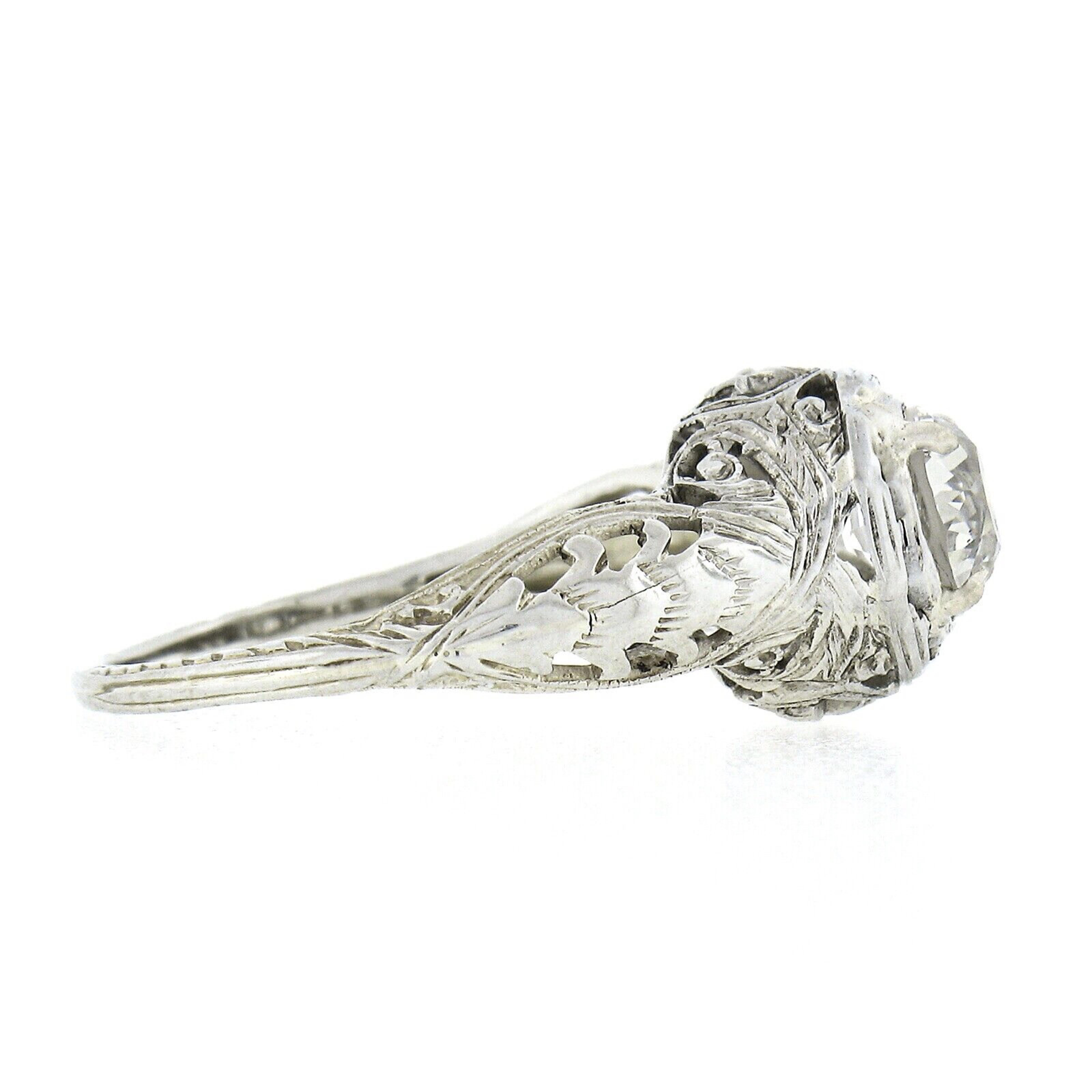 Women's Antique Art Deco 18k Gold GIA 0.94ctw European Diamond Filigree Engagement Ring For Sale