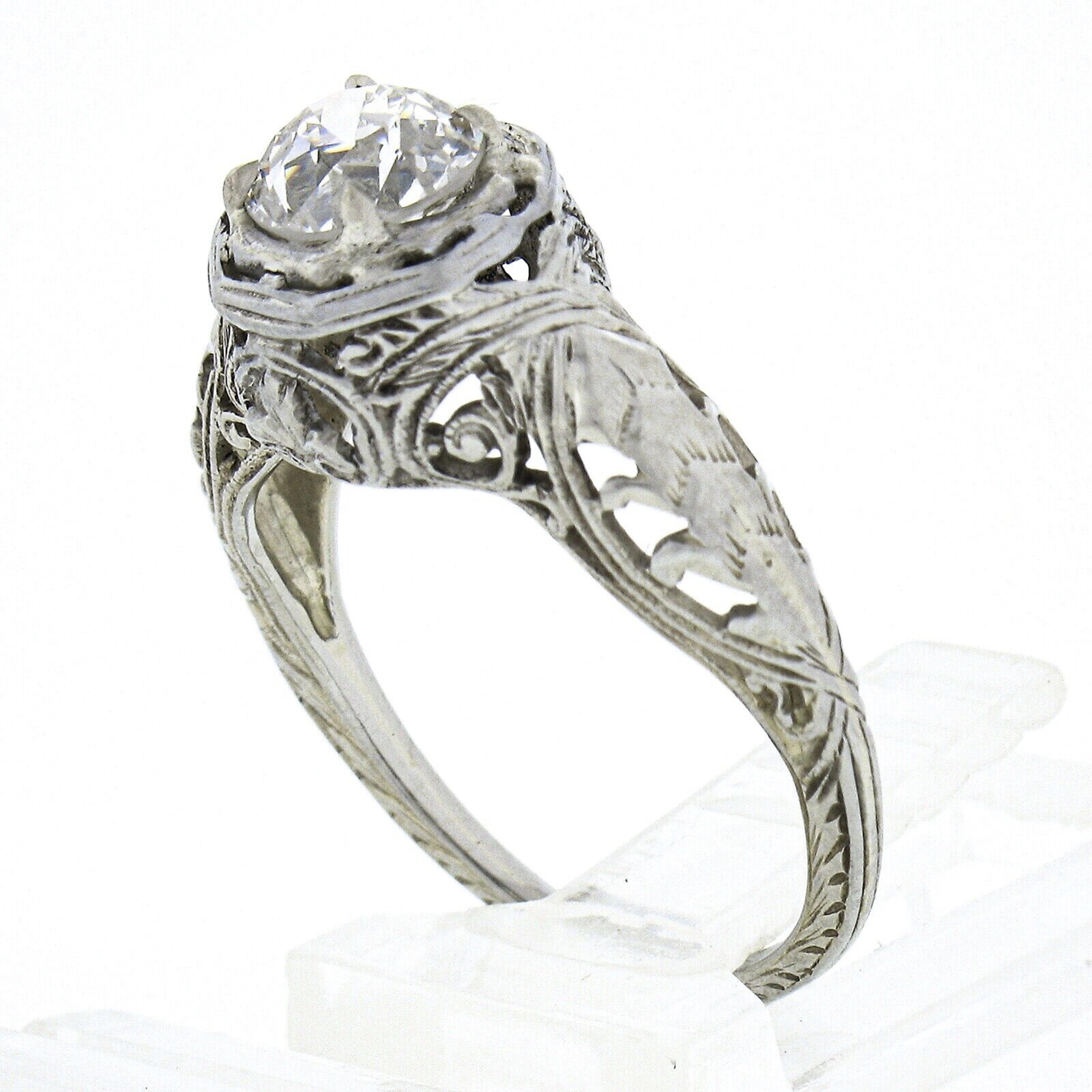 Antique Art Deco 18k Gold GIA 0.94ctw European Diamond Filigree Engagement Ring For Sale 3