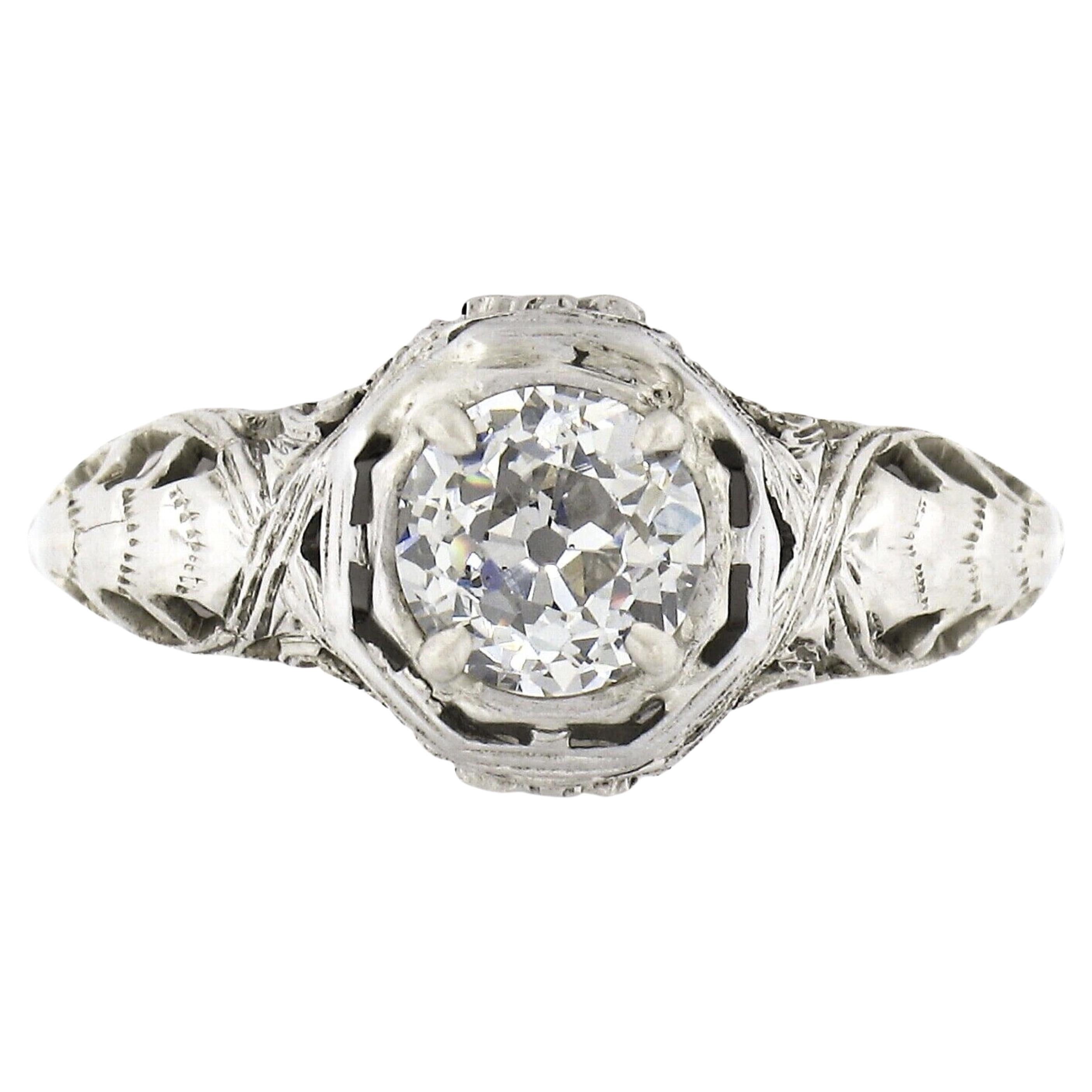Antique Art Deco 18k Gold GIA 0.94ctw European Diamond Filigree Engagement Ring For Sale