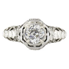 Bague de fiançailles en filigrane Art déco ancien en or 18 carats avec diamants européens 0,94 carat certifiés GIA